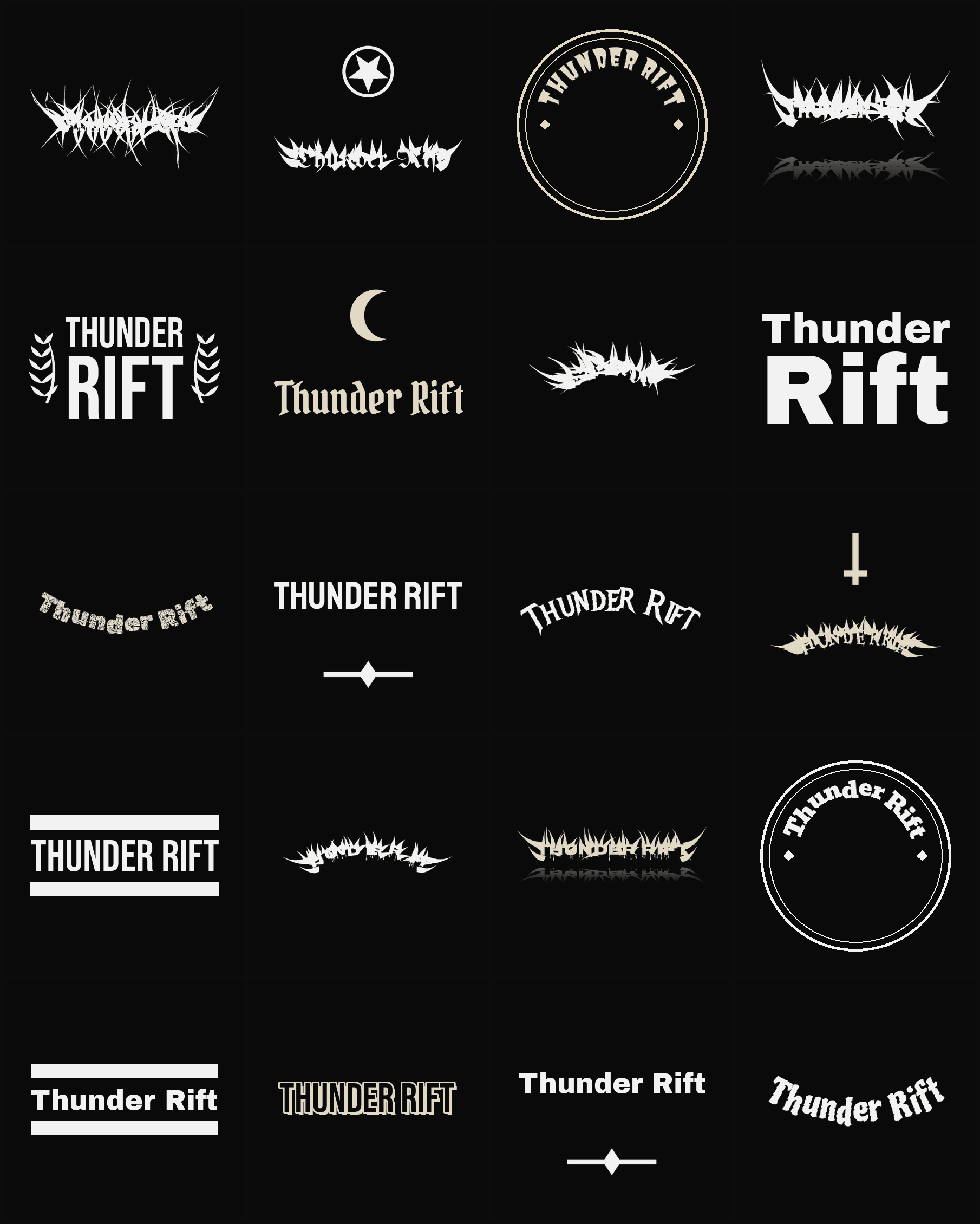 Twenty Thunder Rift band logo ideas — different faces, treatments and spike settings