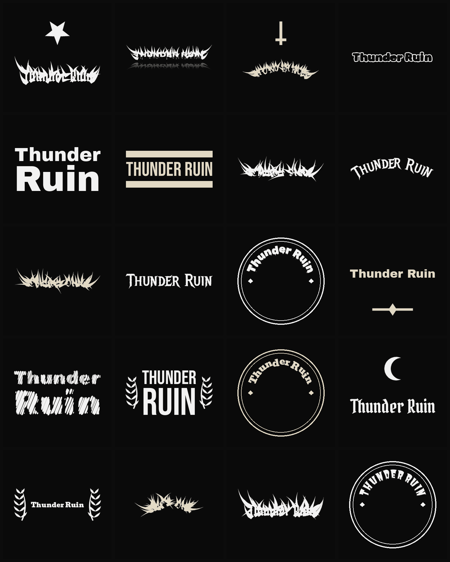 Twenty Thunder Ruin band logo ideas — different faces, treatments and spike settings