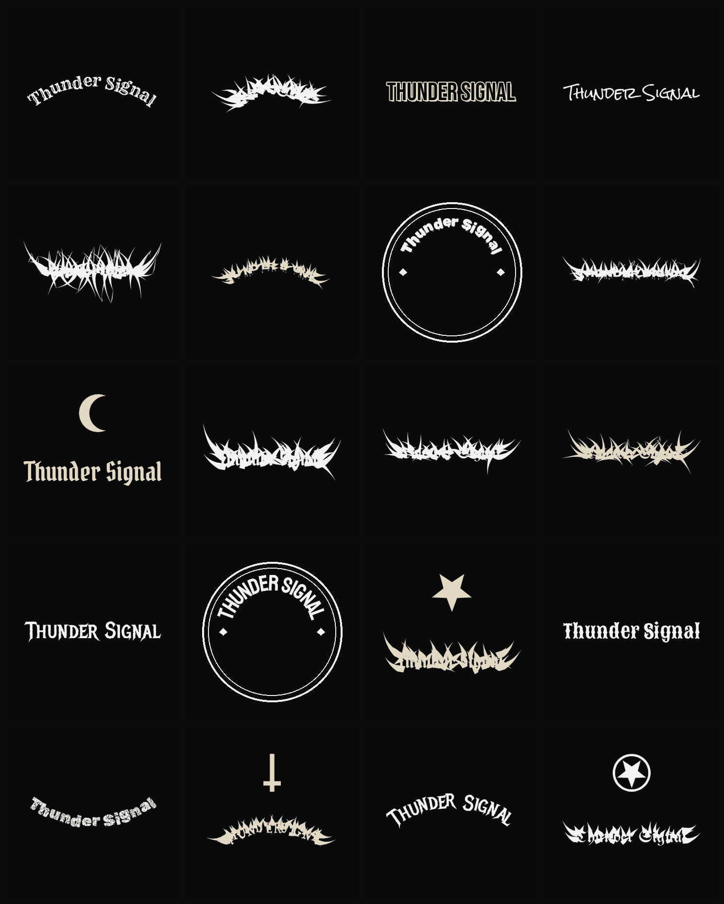 Twenty Thunder Signal band logo ideas — different faces, treatments and spike settings