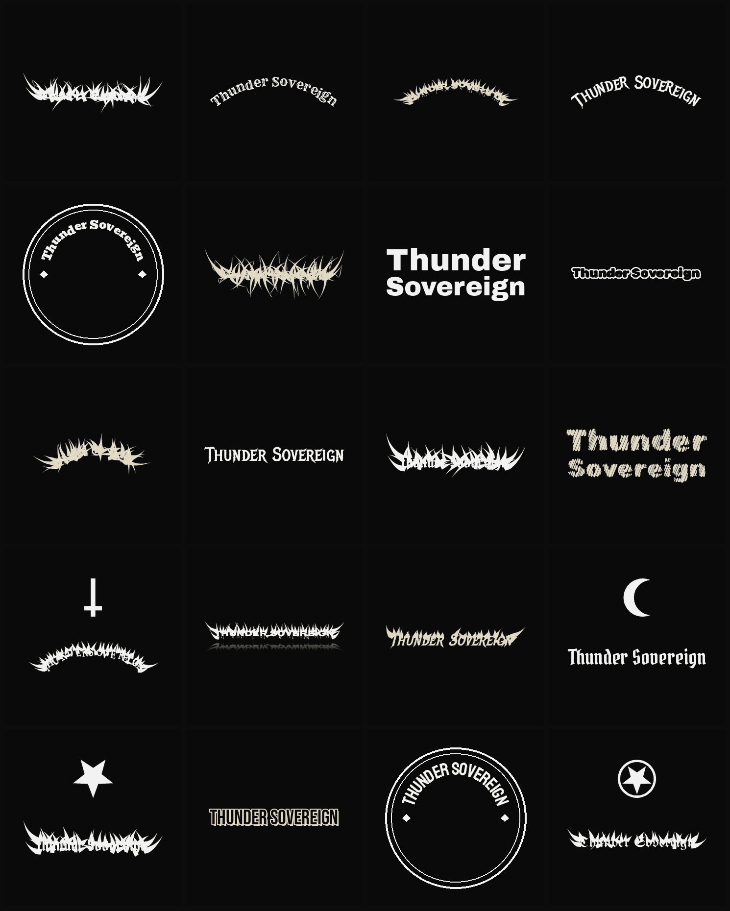 Twenty Thunder Sovereign band logo ideas — different faces, treatments and spike settings
