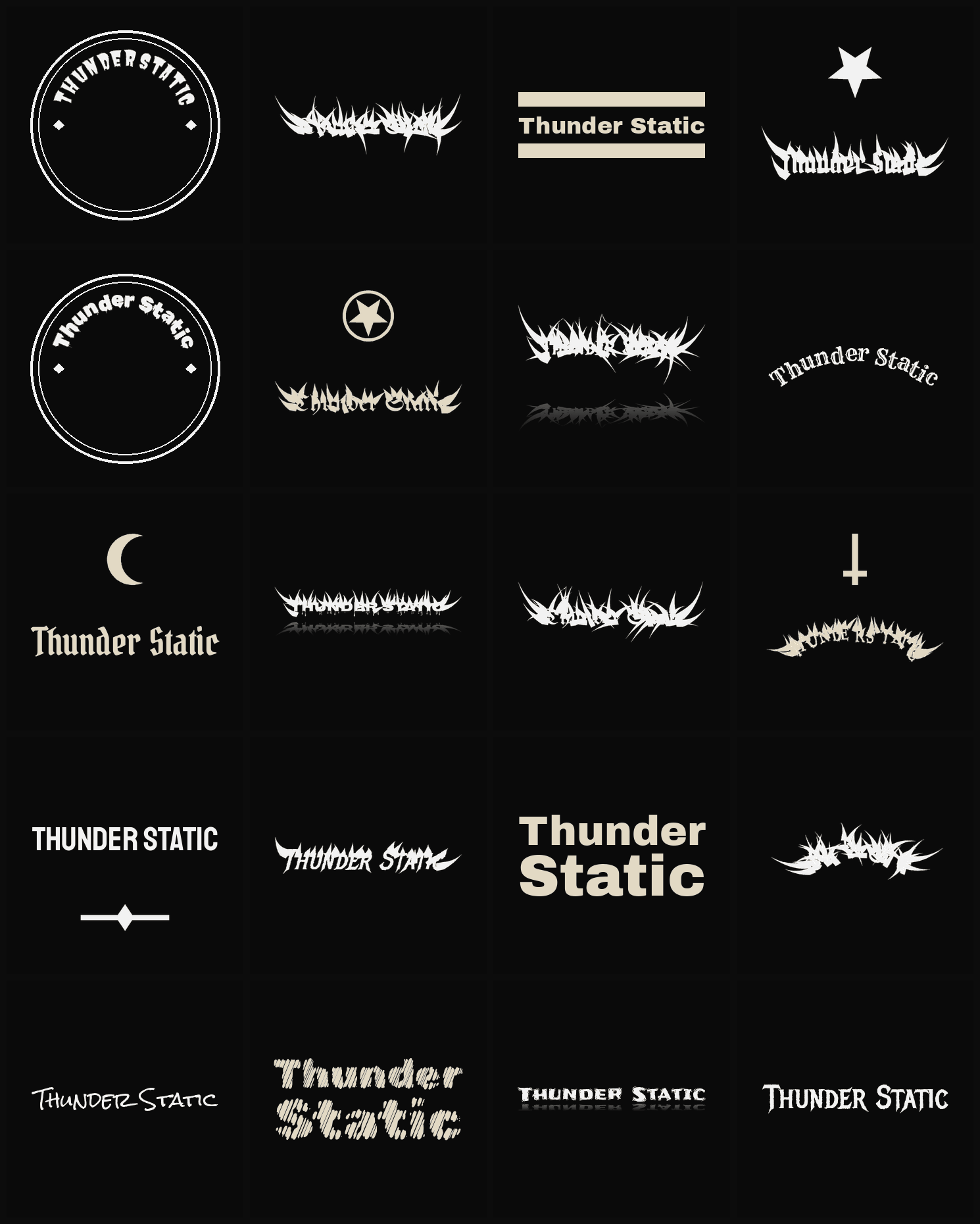Twenty Thunder Static band logo ideas — different faces, treatments and spike settings