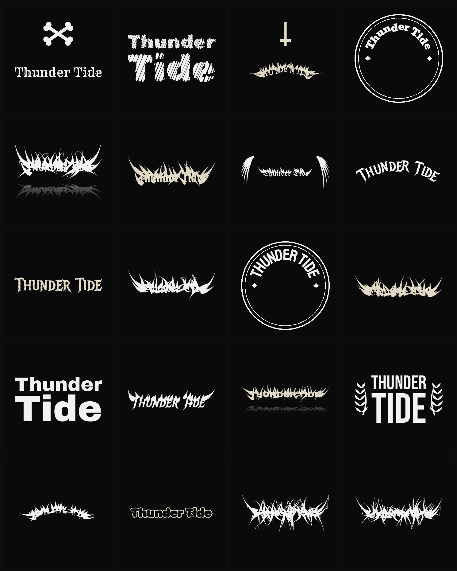 Twenty Thunder Tide band logo ideas — different faces, treatments and spike settings