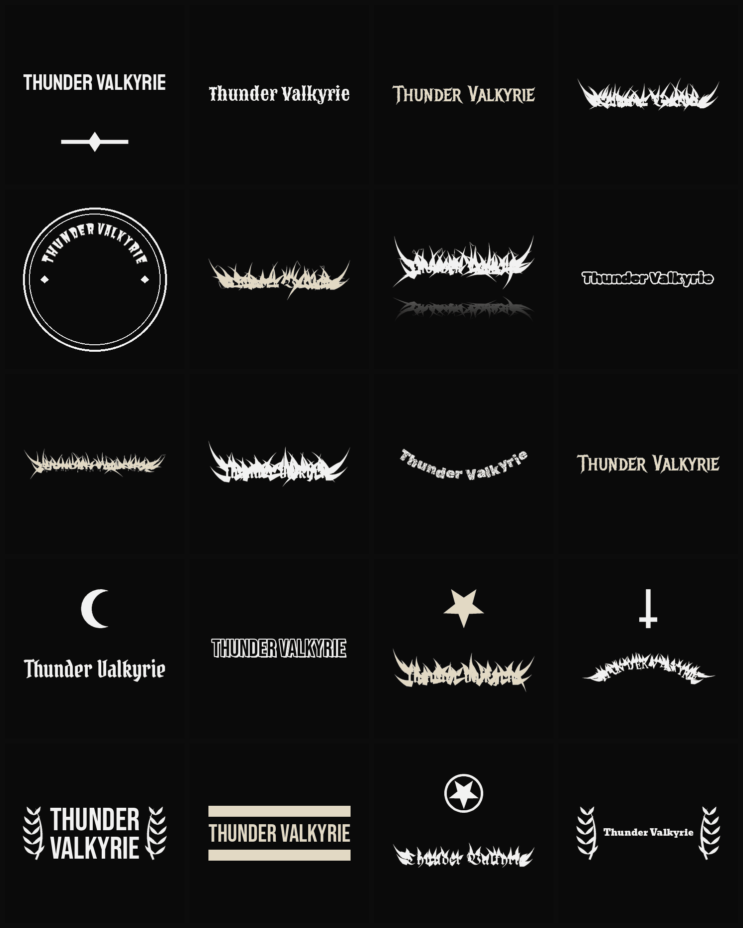 Twenty Thunder Valkyrie band logo ideas — different faces, treatments and spike settings