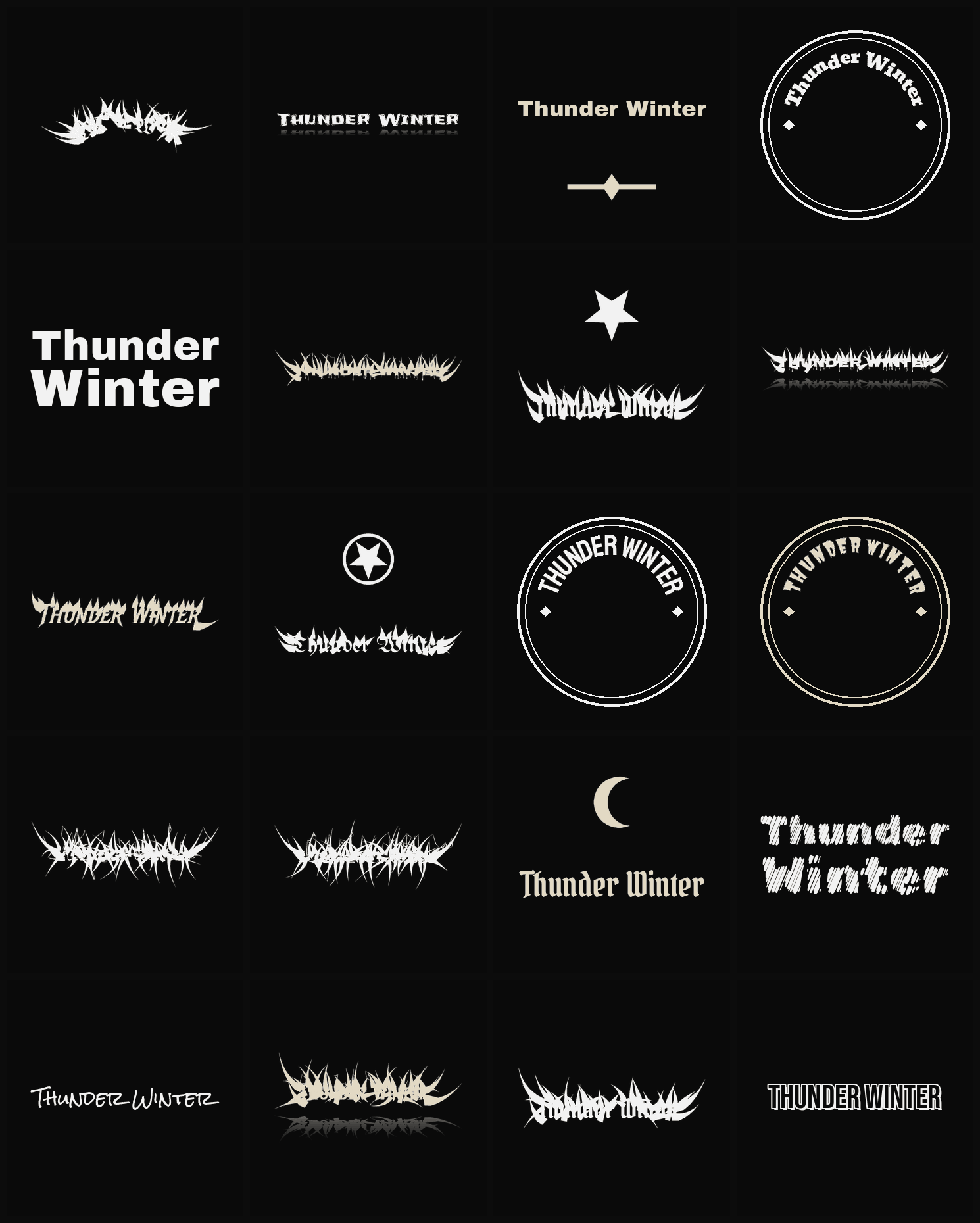 Twenty Thunder Winter band logo ideas — different faces, treatments and spike settings