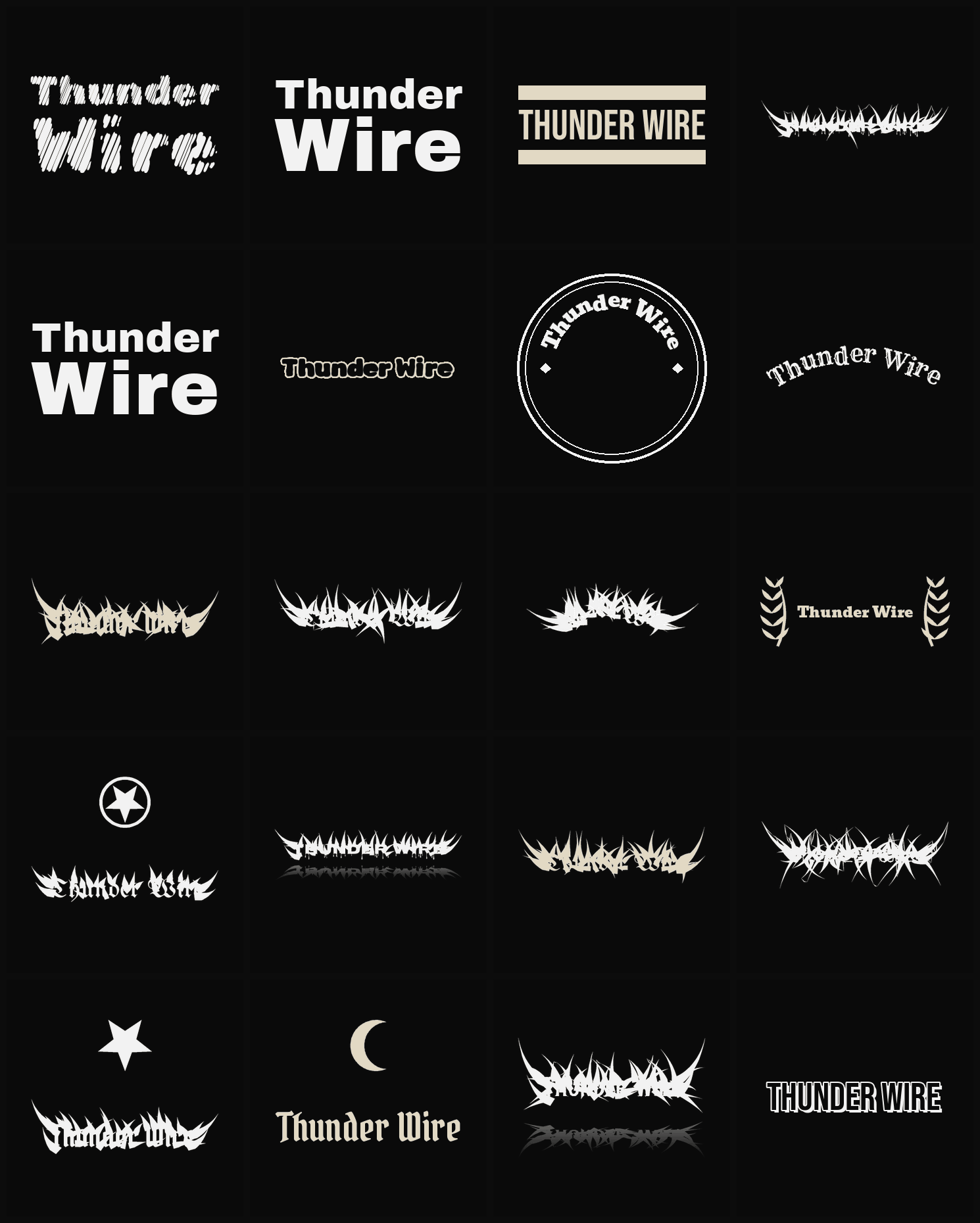 Twenty Thunder Wire band logo ideas — different faces, treatments and spike settings