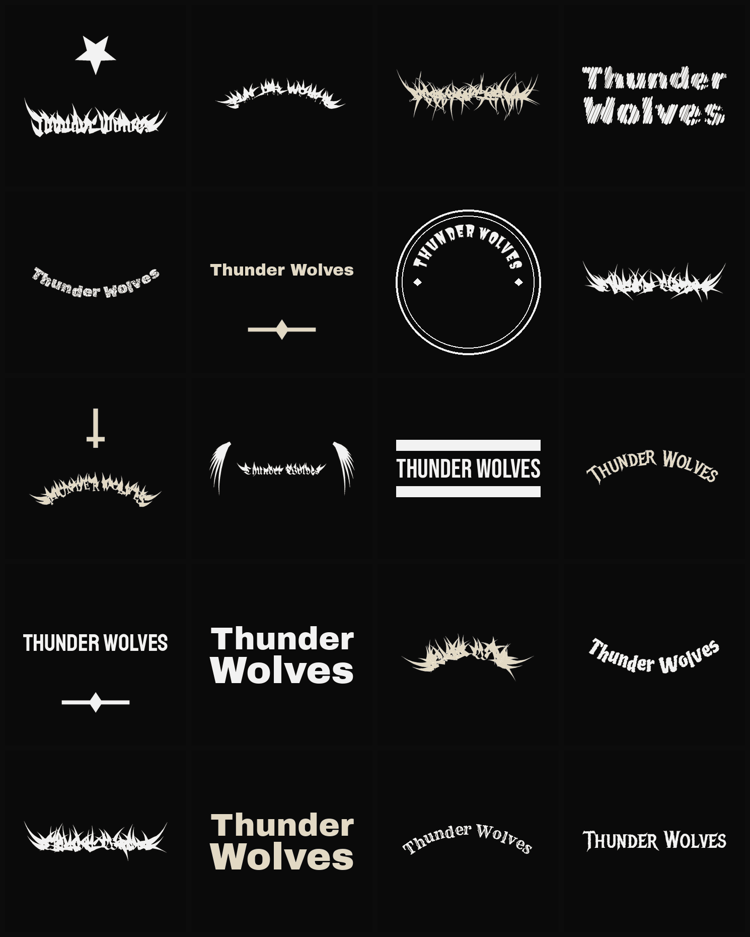 Twenty Thunder Wolves band logo ideas — different faces, treatments and spike settings