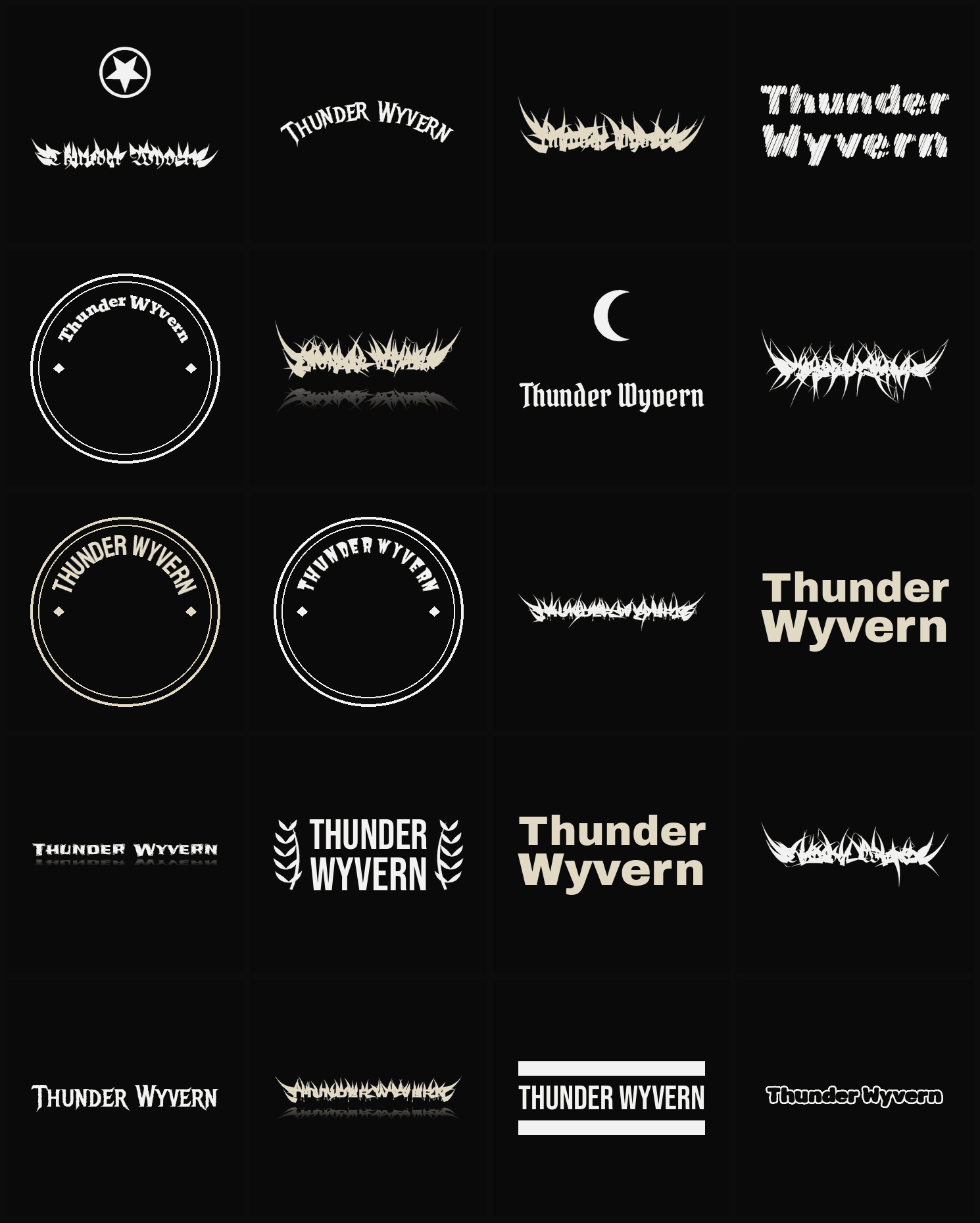 Twenty Thunder Wyvern band logo ideas — different faces, treatments and spike settings