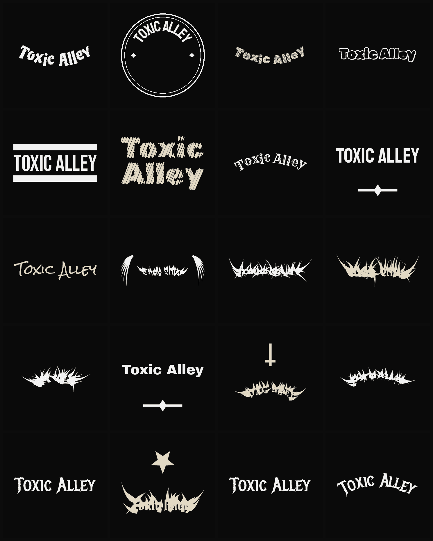 Twenty Toxic Alley band logo ideas — different faces, treatments and spike settings