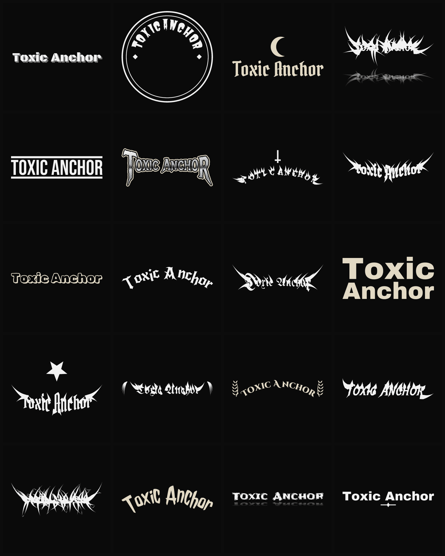 Twenty Toxic Anchor band logo ideas — different faces, treatments and spike settings