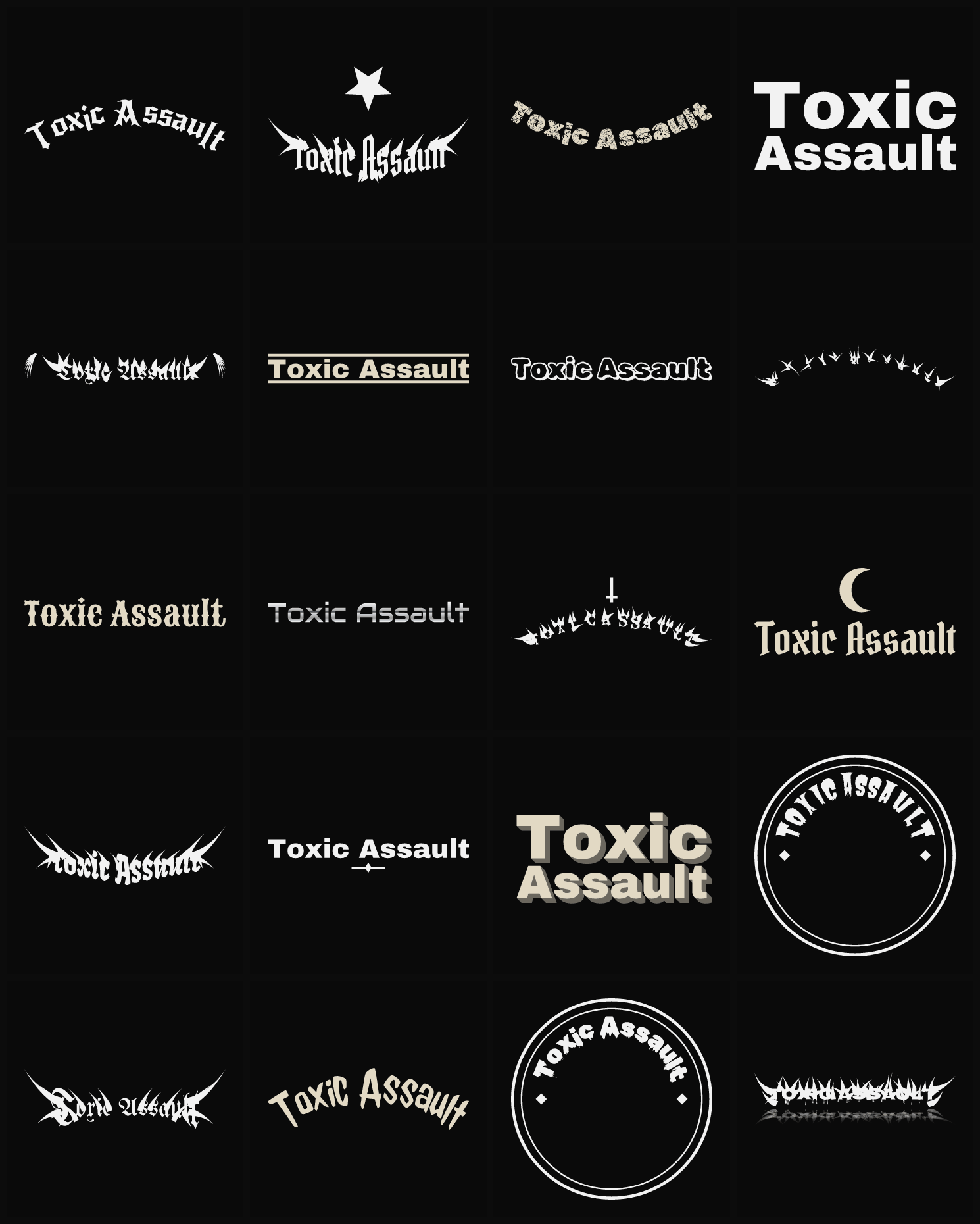 Twenty Toxic Assault band logo ideas — different faces, treatments and spike settings