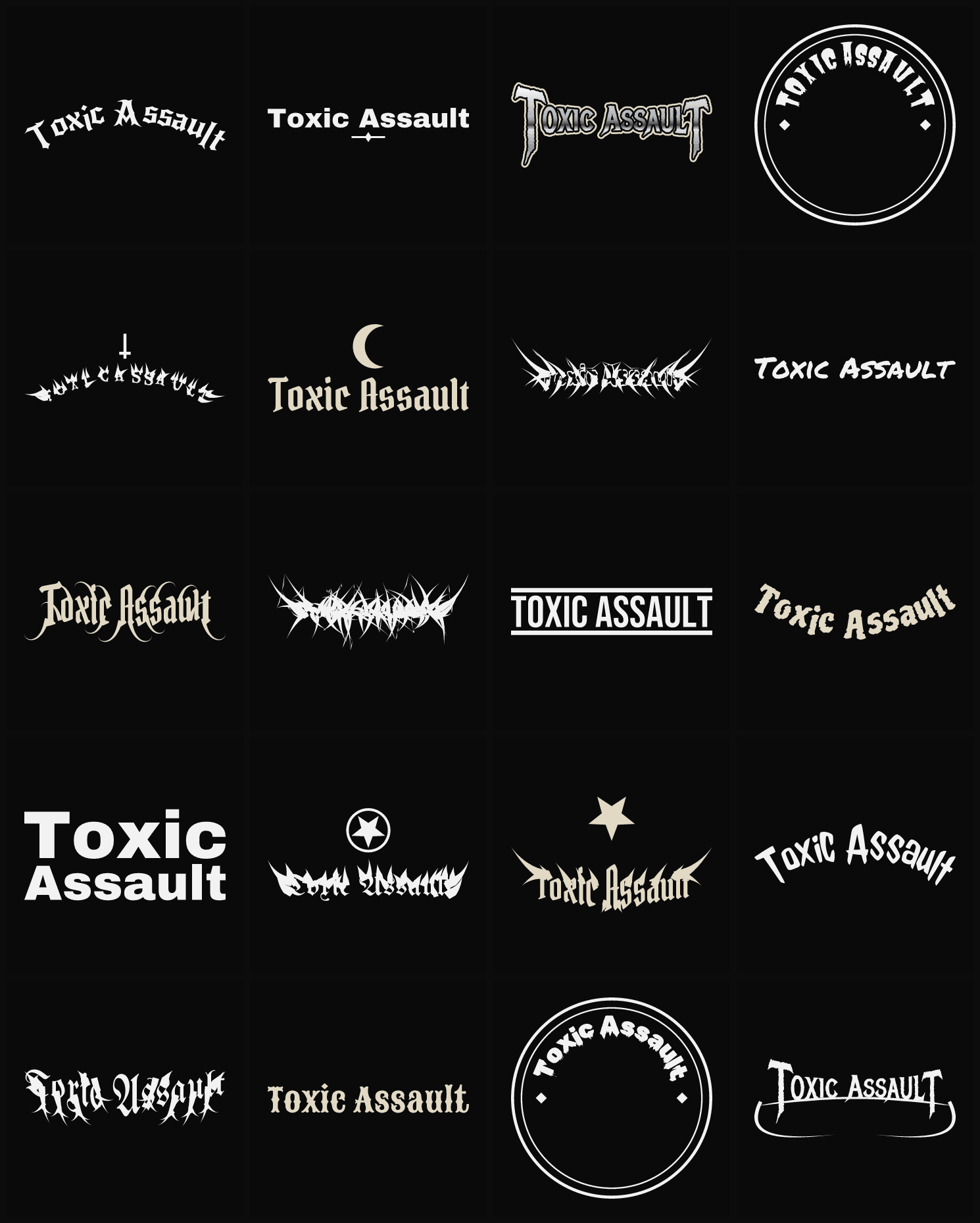 Twenty Toxic Assault band logo ideas — different faces, treatments and spike settings