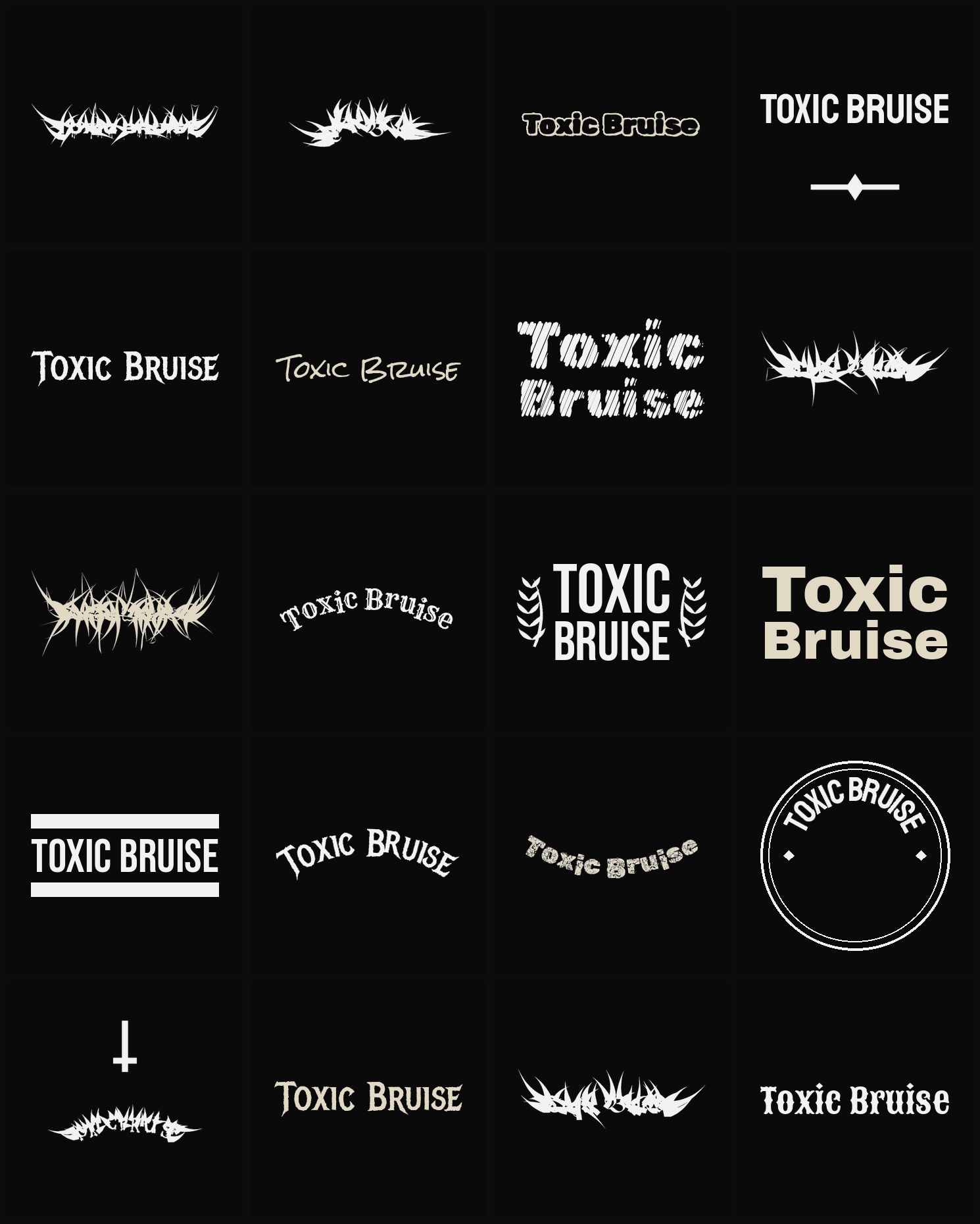 Twenty Toxic Bruise band logo ideas — different faces, treatments and spike settings