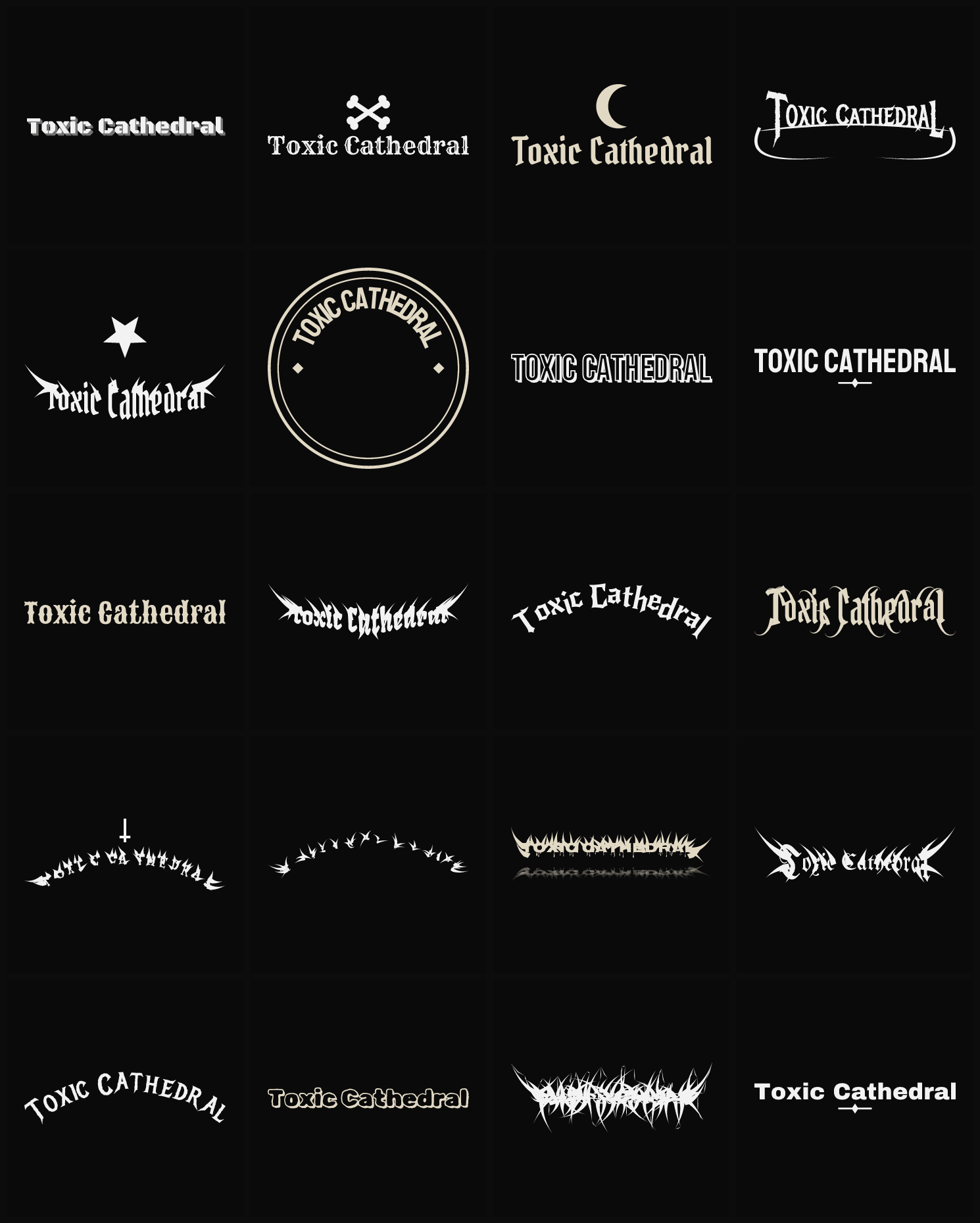 Twenty Toxic Cathedral band logo ideas — different faces, treatments and spike settings