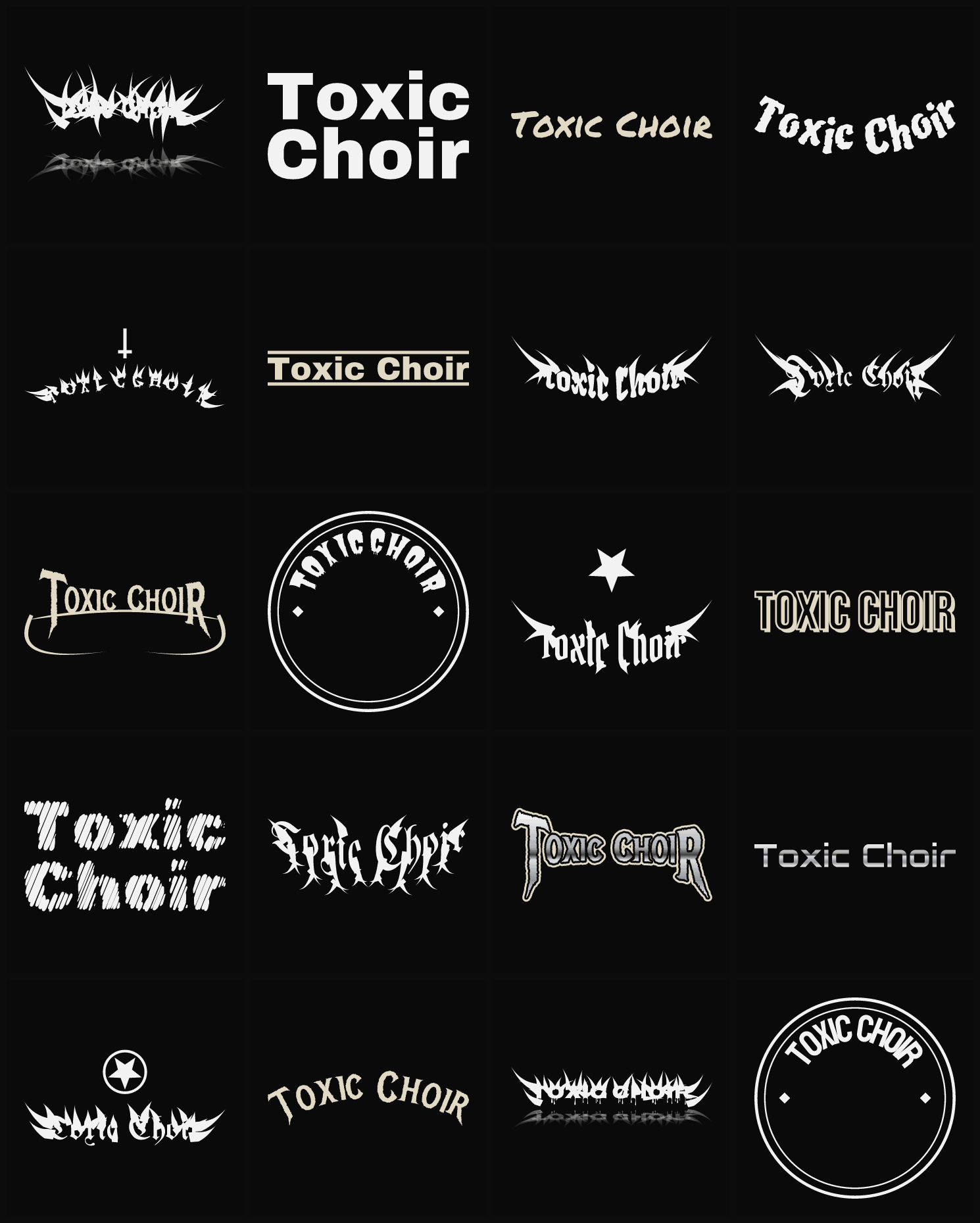 Twenty Toxic Choir band logo ideas — different faces, treatments and spike settings