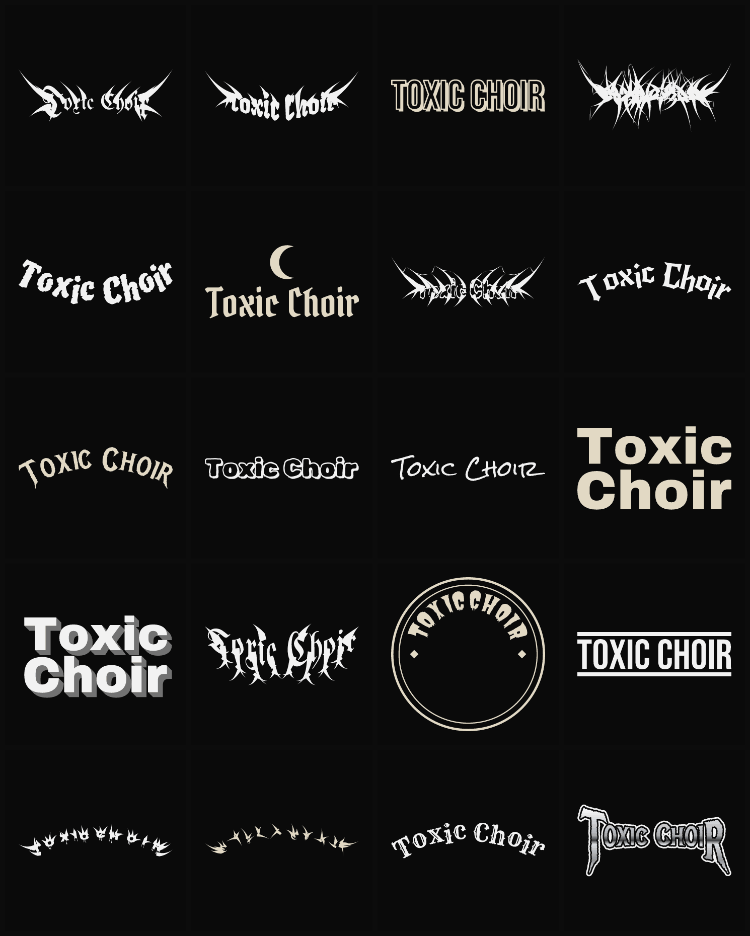 Twenty Toxic Choir band logo ideas — different faces, treatments and spike settings
