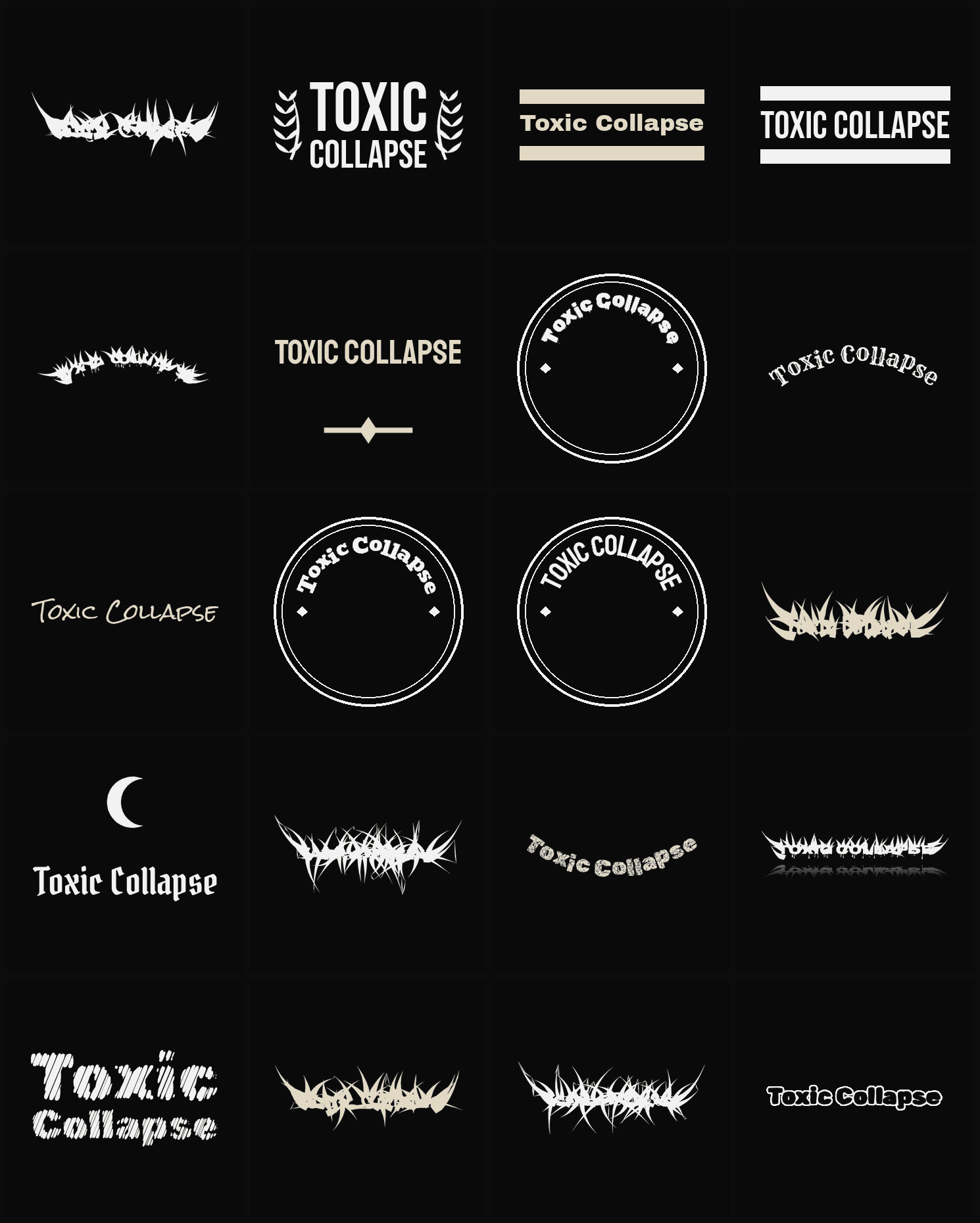 Twenty Toxic Collapse band logo ideas — different faces, treatments and spike settings