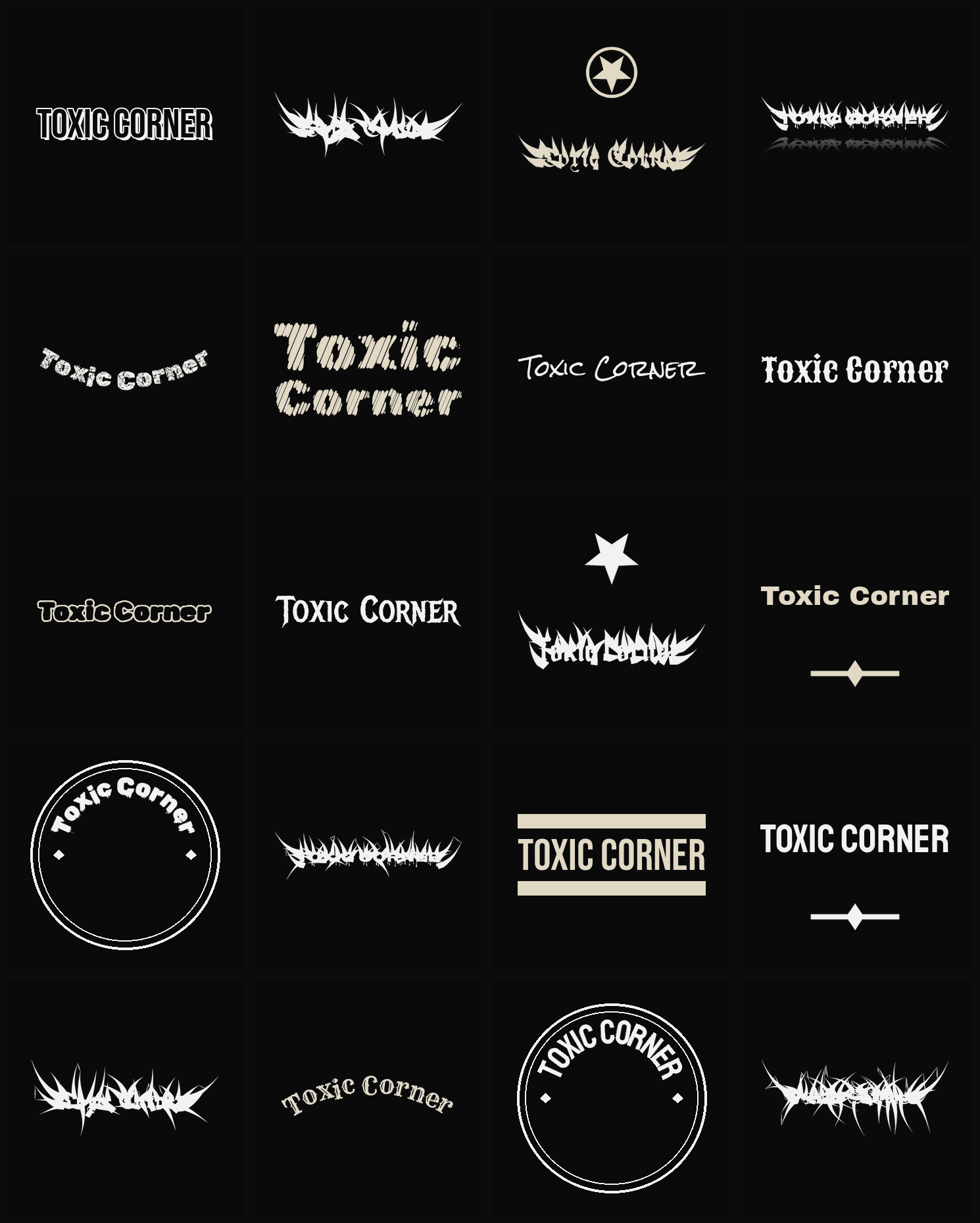 Twenty Toxic Corner band logo ideas — different faces, treatments and spike settings