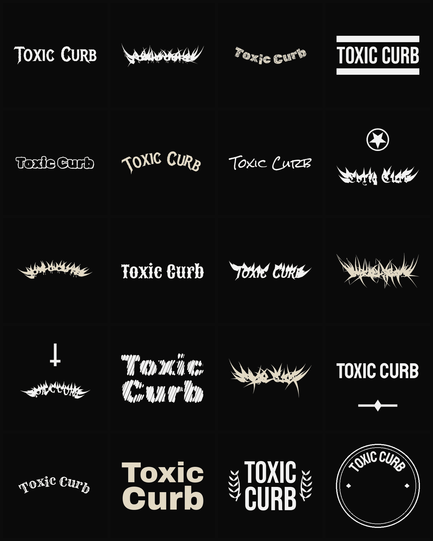 Twenty Toxic Curb band logo ideas — different faces, treatments and spike settings