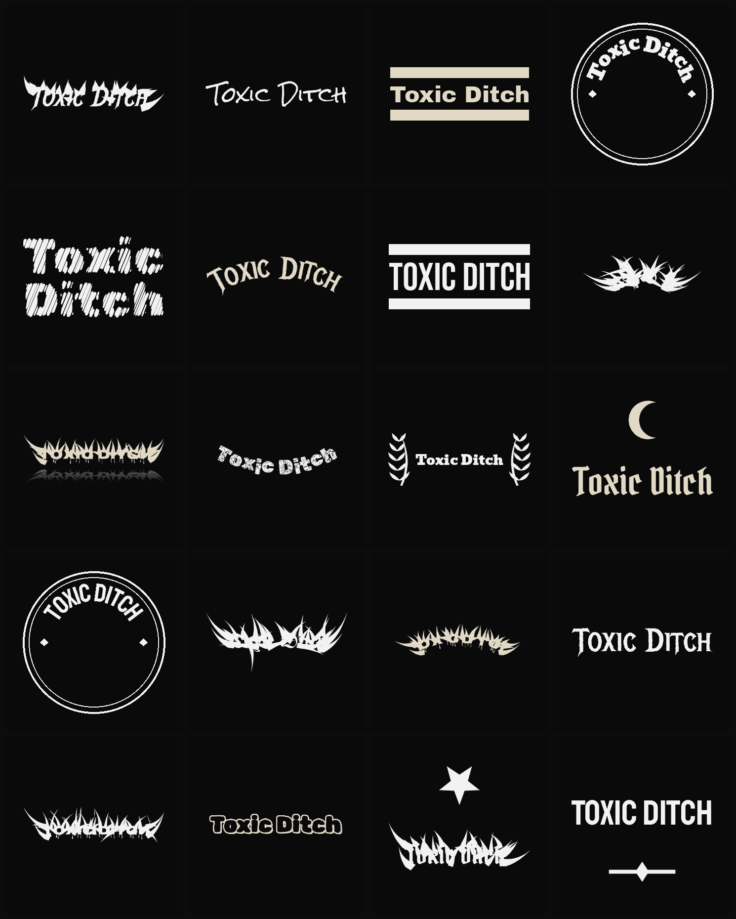 Twenty Toxic Ditch band logo ideas — different faces, treatments and spike settings
