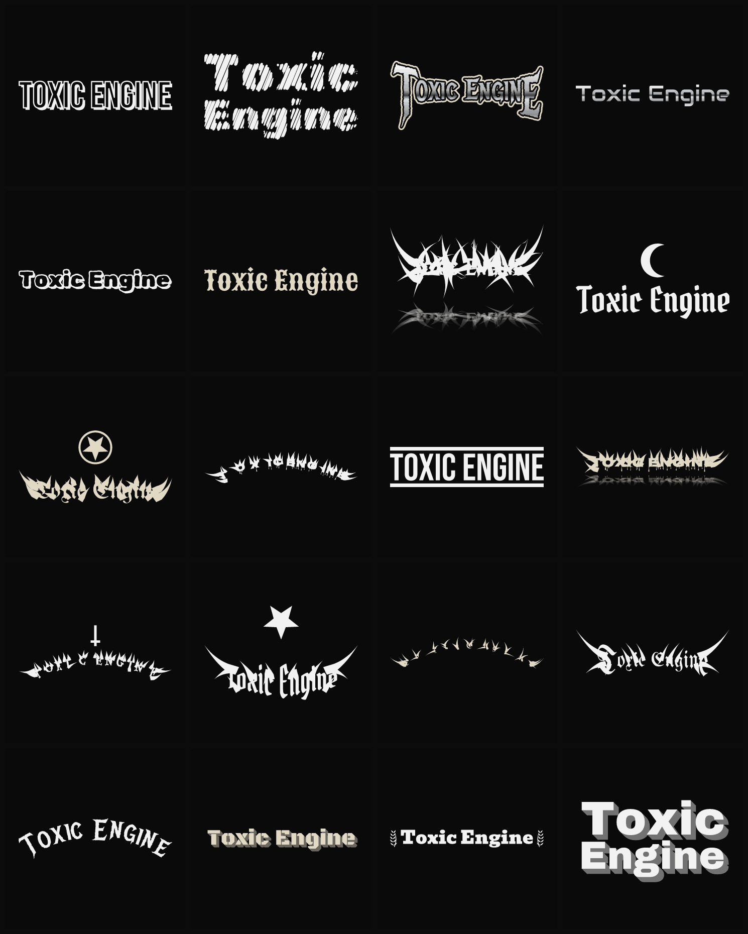 Twenty Toxic Engine band logo ideas — different faces, treatments and spike settings