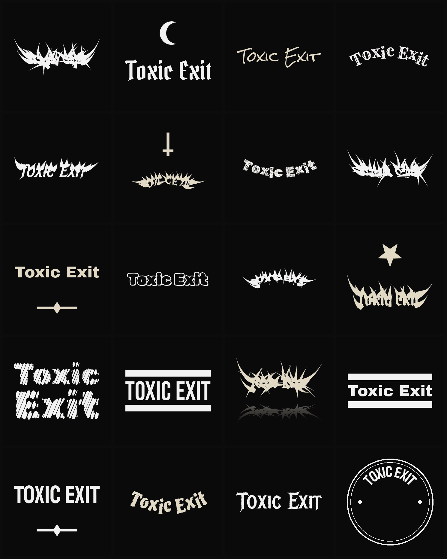 Twenty Toxic Exit band logo ideas — different faces, treatments and spike settings