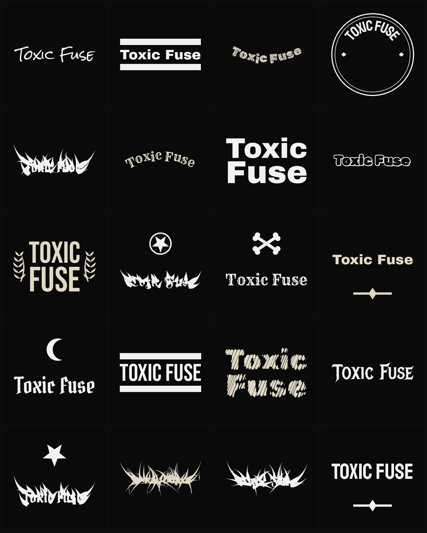 Twenty Toxic Fuse band logo ideas — different faces, treatments and spike settings