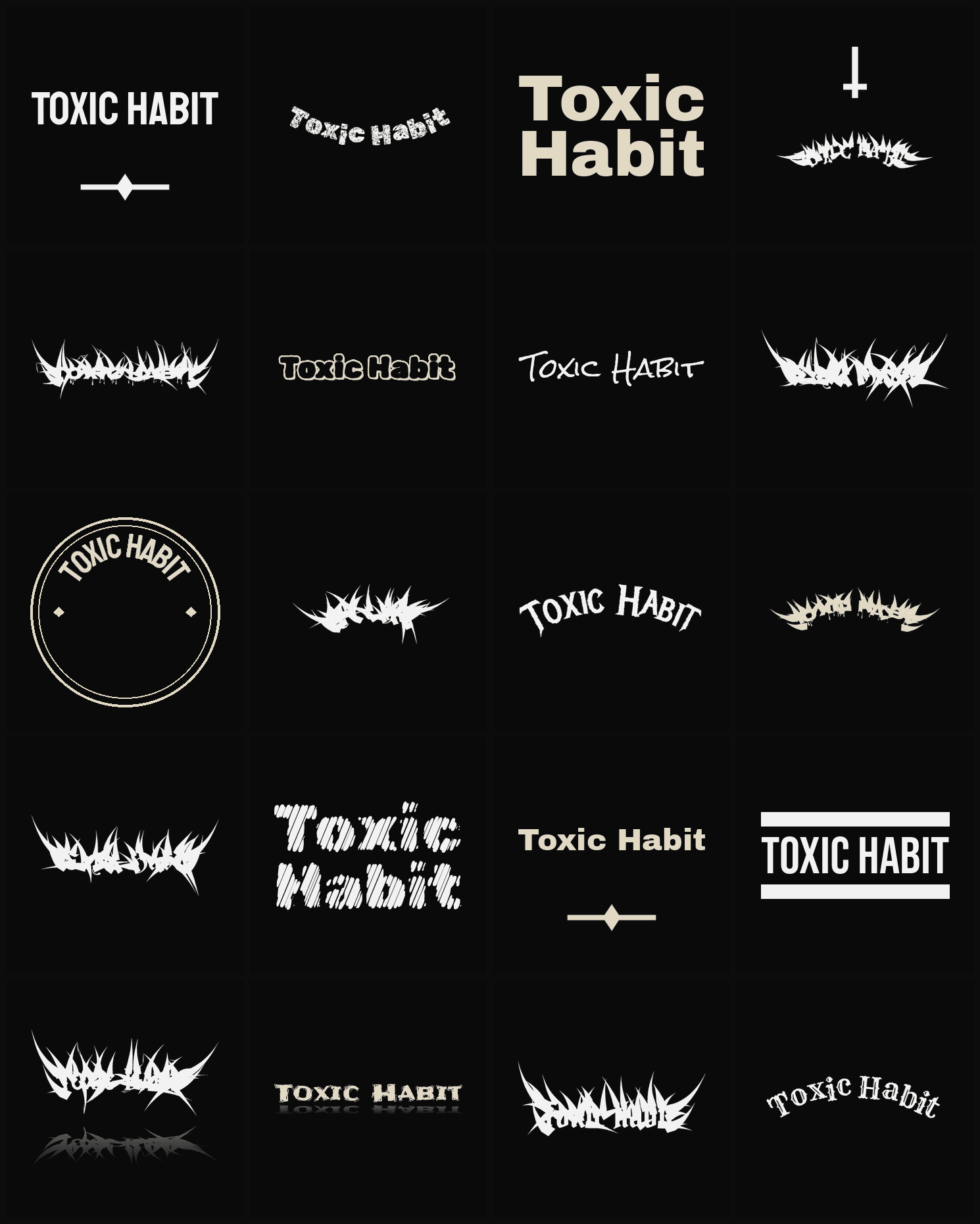 Twenty Toxic Habit band logo ideas — different faces, treatments and spike settings