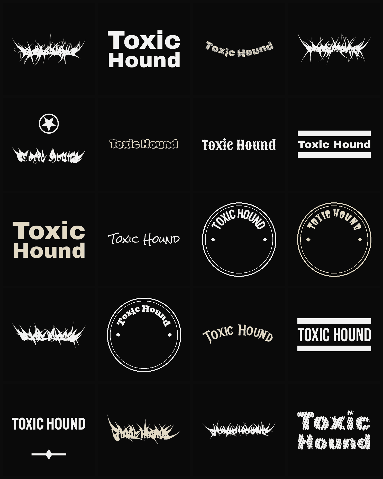 Twenty Toxic Hound band logo ideas — different faces, treatments and spike settings