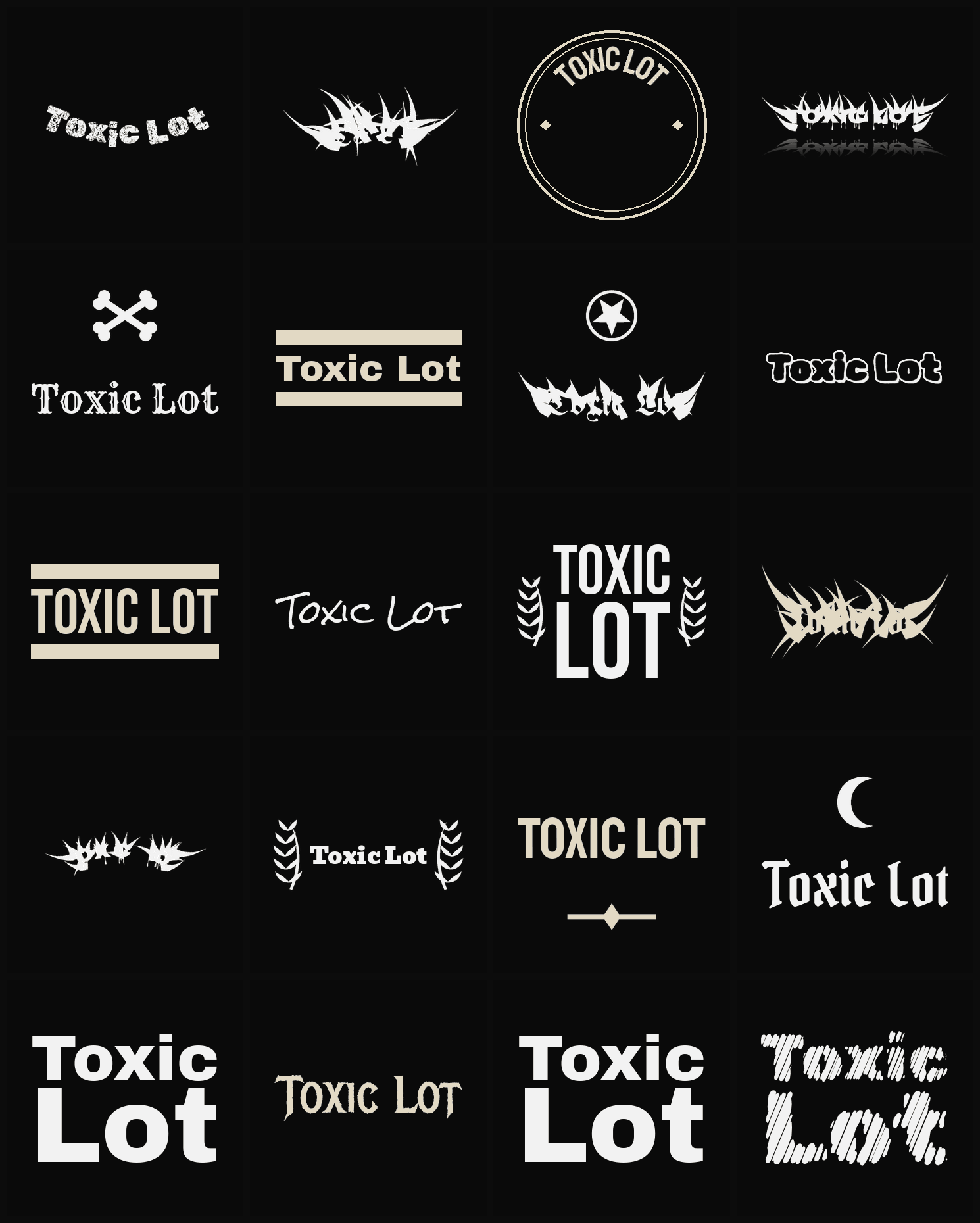 Twenty Toxic Lot band logo ideas — different faces, treatments and spike settings