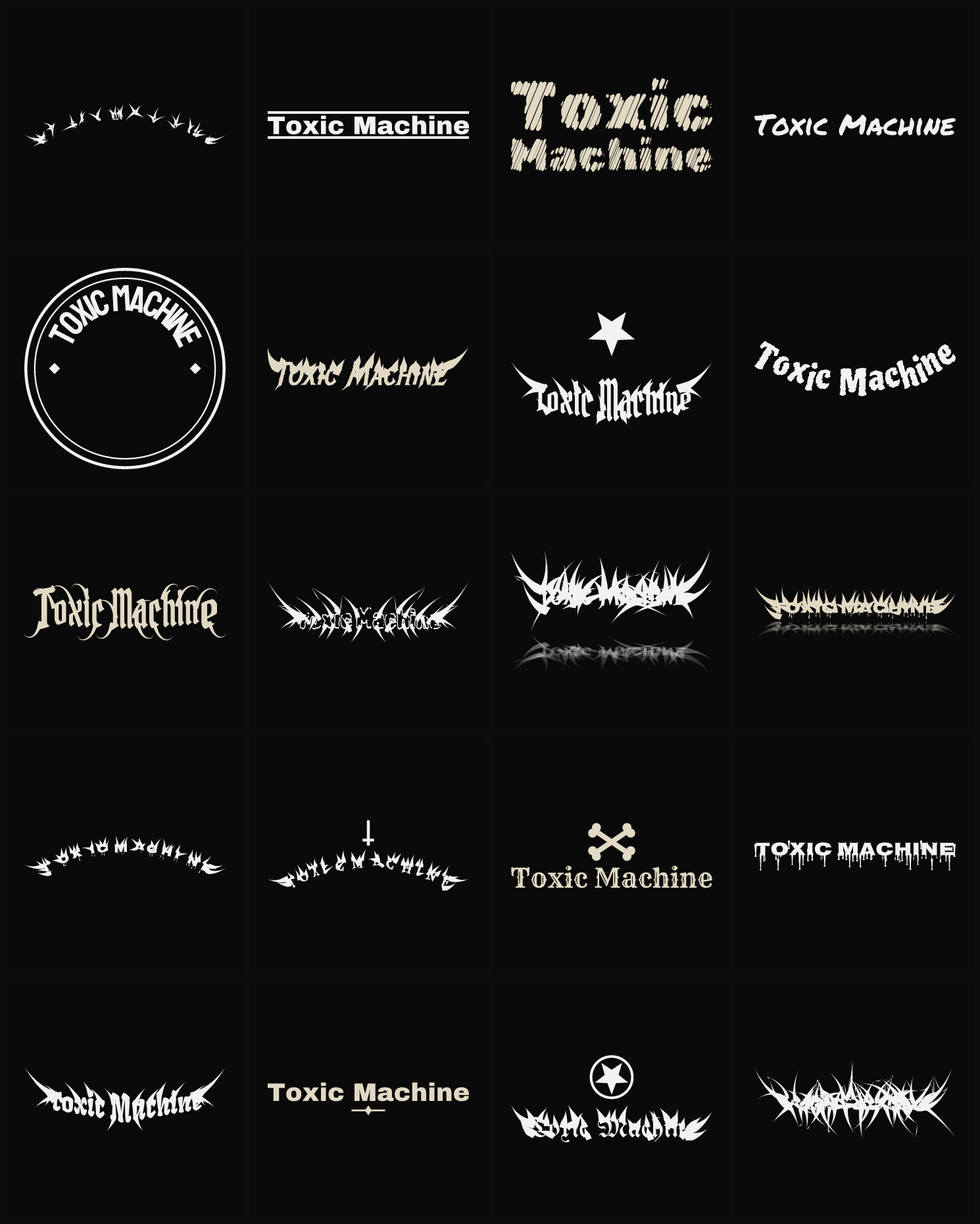Twenty Toxic Machine band logo ideas — different faces, treatments and spike settings