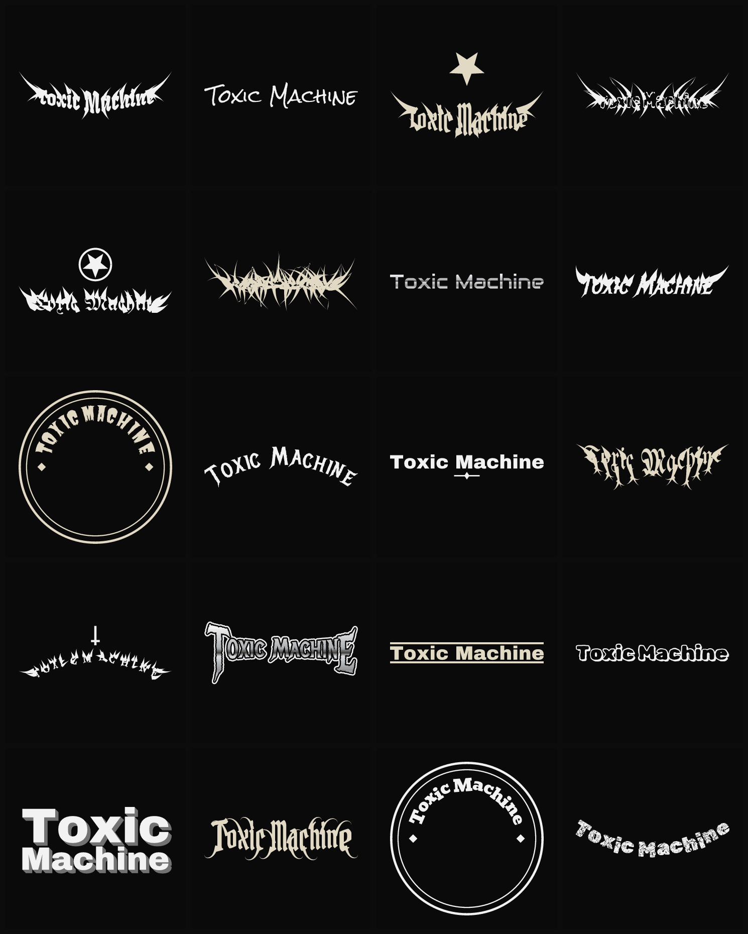 Twenty Toxic Machine band logo ideas — different faces, treatments and spike settings