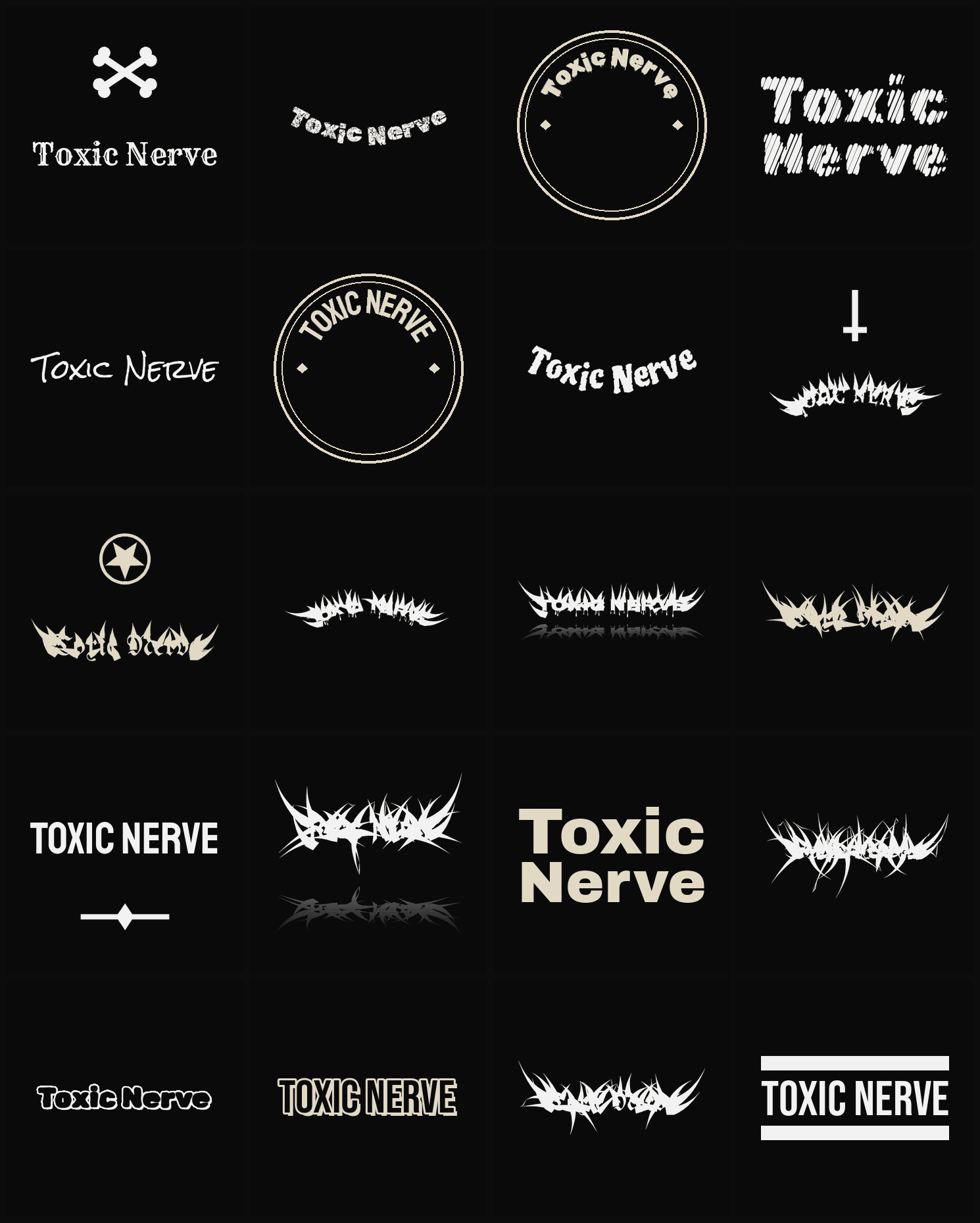 Twenty Toxic Nerve band logo ideas — different faces, treatments and spike settings