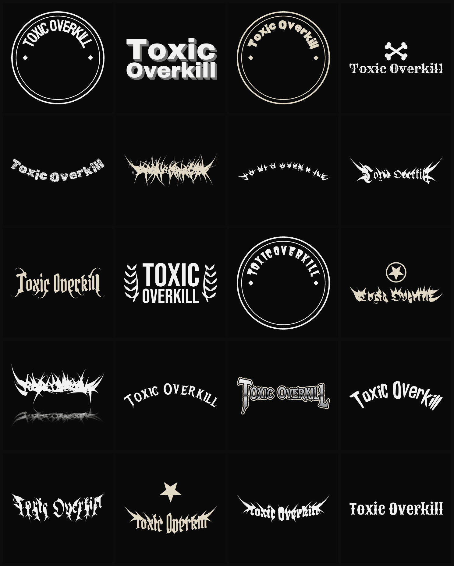 Twenty Toxic Overkill band logo ideas — different faces, treatments and spike settings