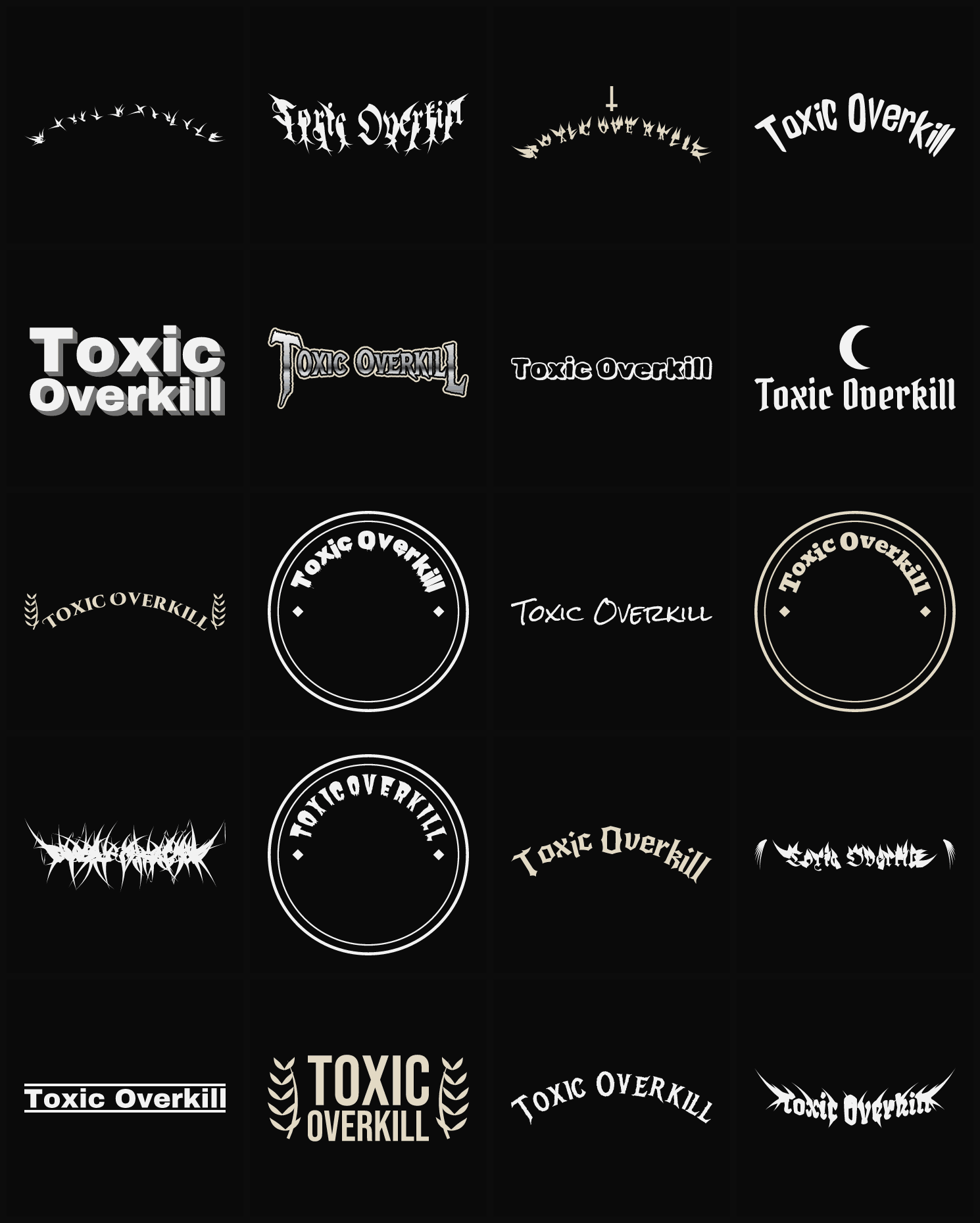 Twenty Toxic Overkill band logo ideas — different faces, treatments and spike settings