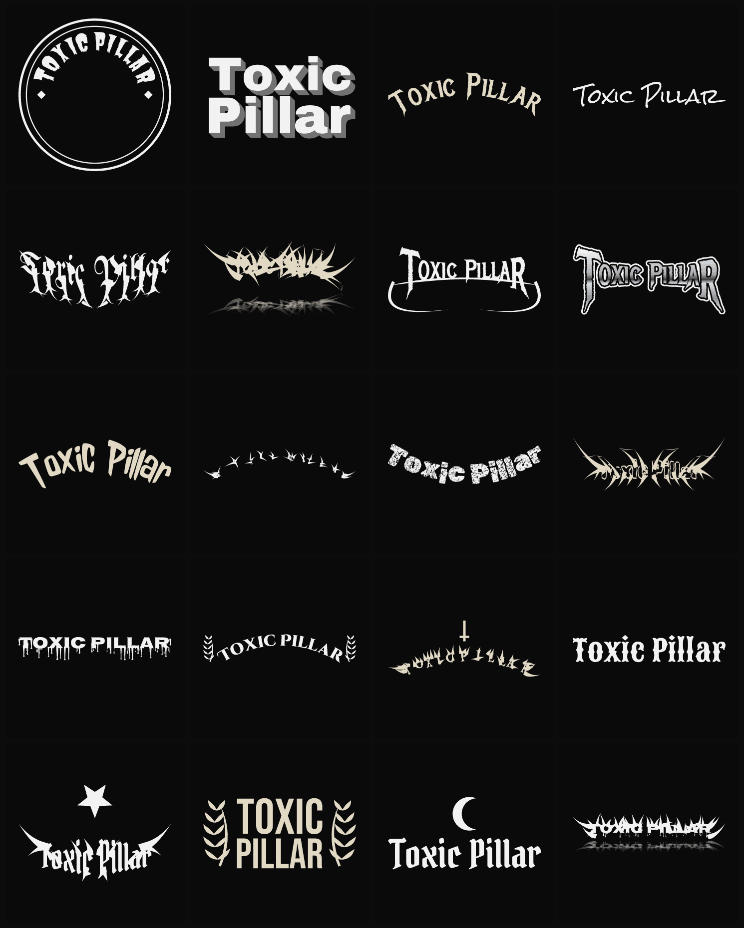 Twenty Toxic Pillar band logo ideas — different faces, treatments and spike settings
