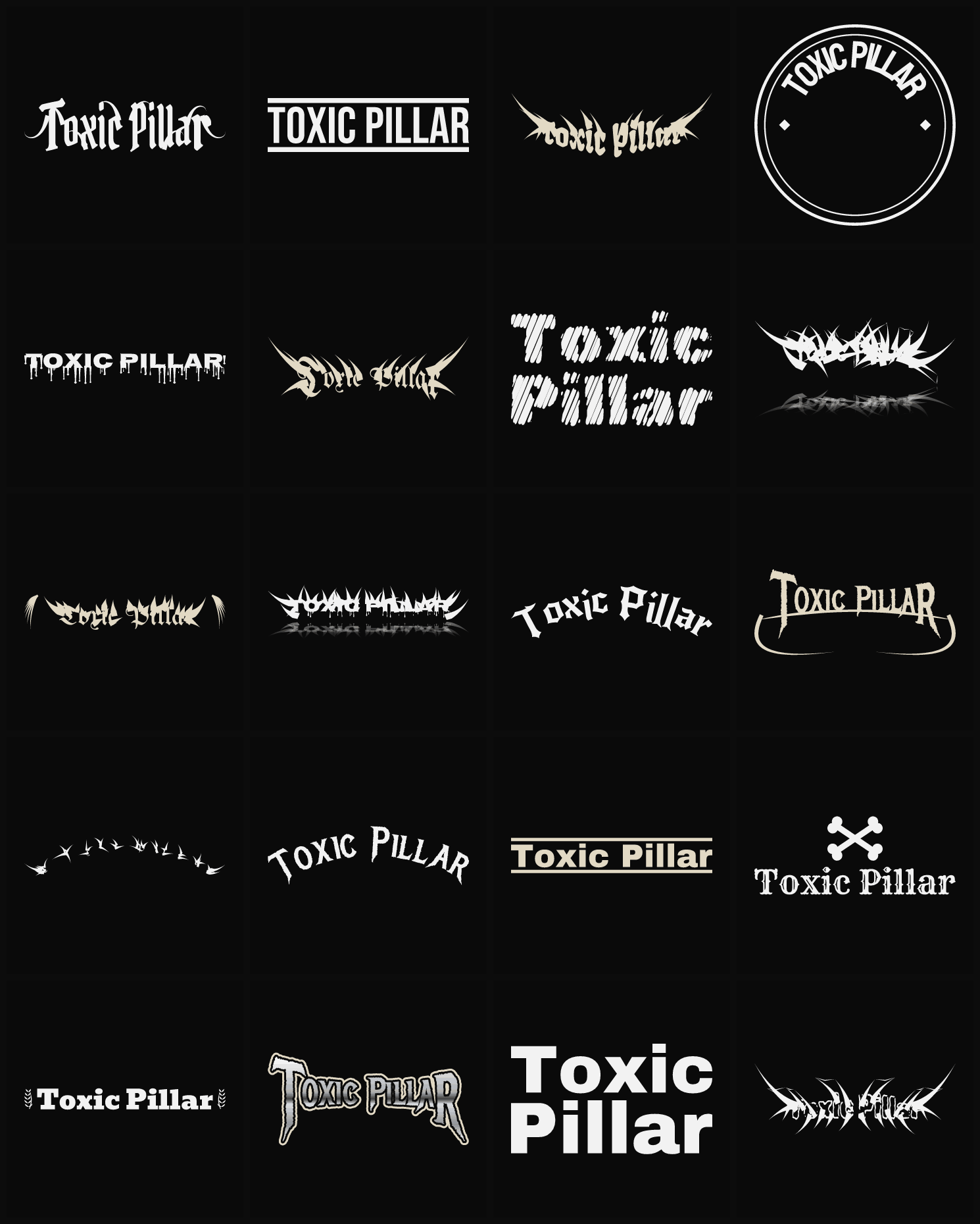 Twenty Toxic Pillar band logo ideas — different faces, treatments and spike settings