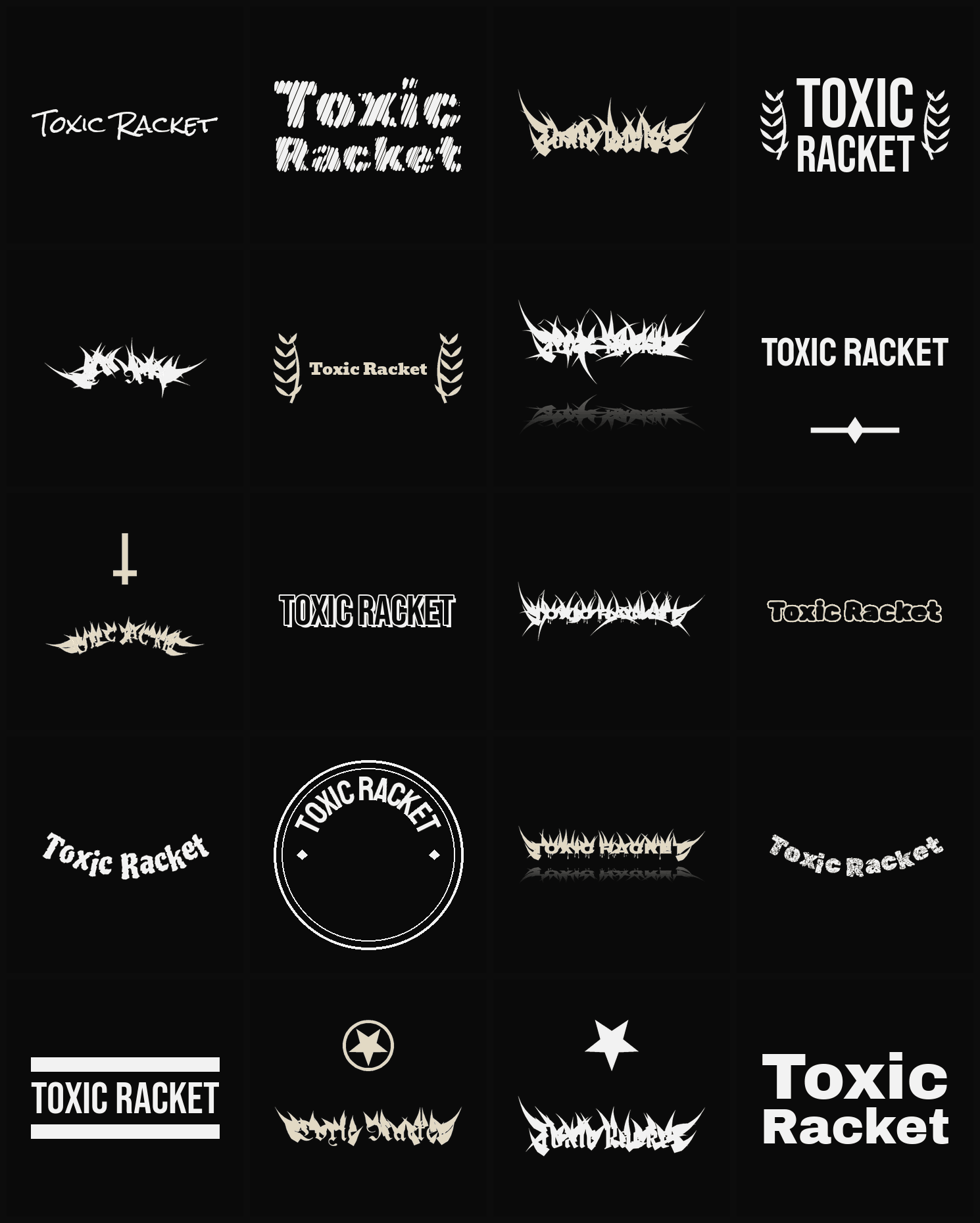 Twenty Toxic Racket band logo ideas — different faces, treatments and spike settings