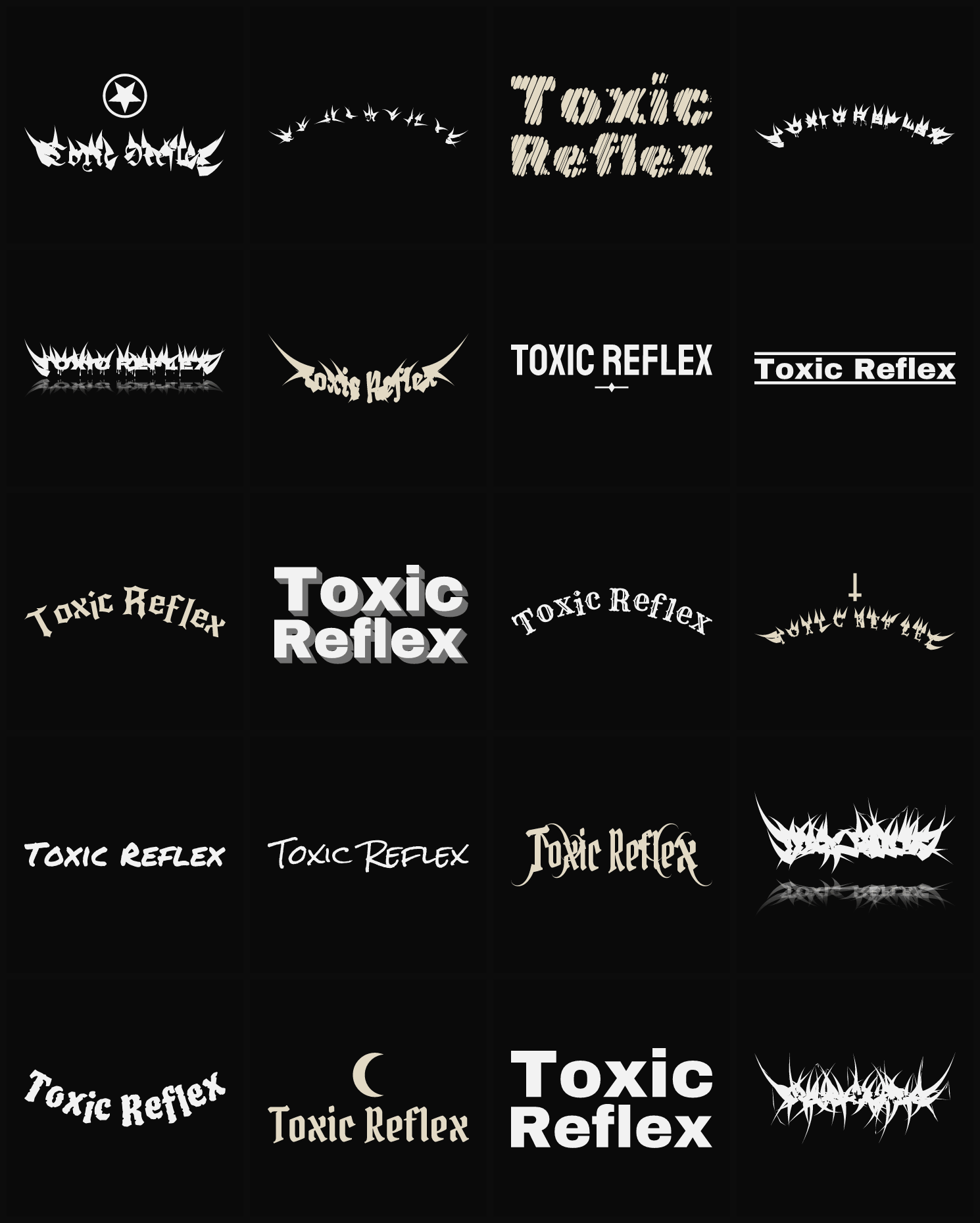 Twenty Toxic Reflex band logo ideas — different faces, treatments and spike settings