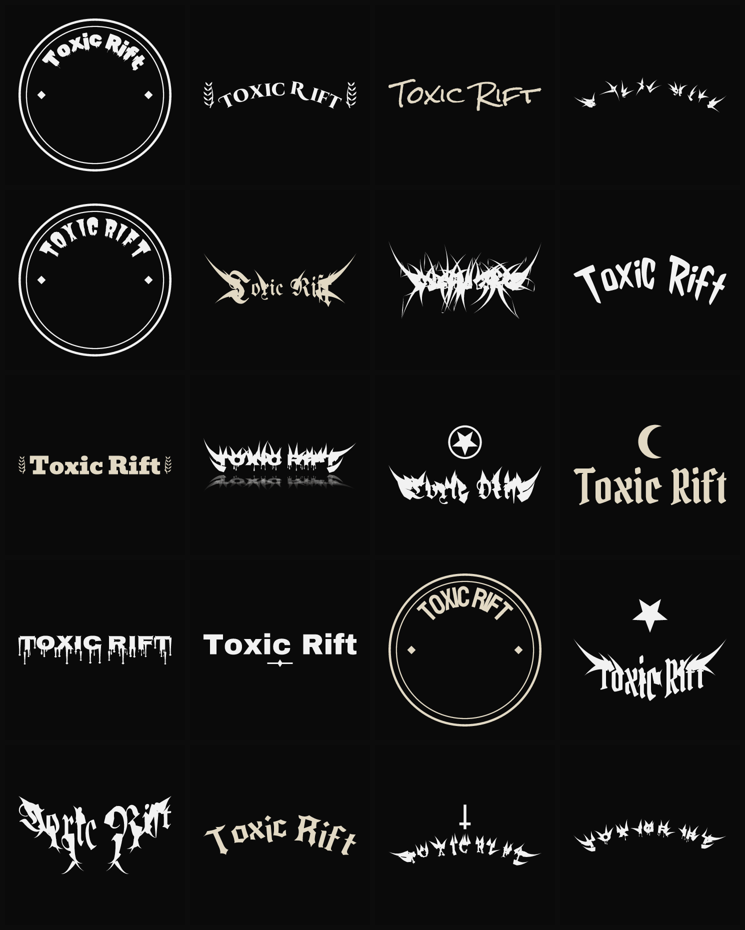 Twenty Toxic Rift band logo ideas — different faces, treatments and spike settings