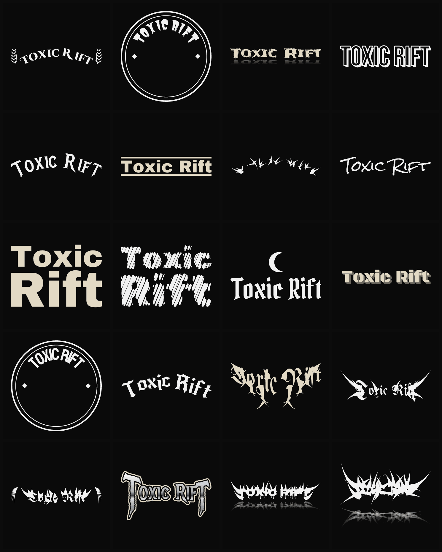 Twenty Toxic Rift band logo ideas — different faces, treatments and spike settings