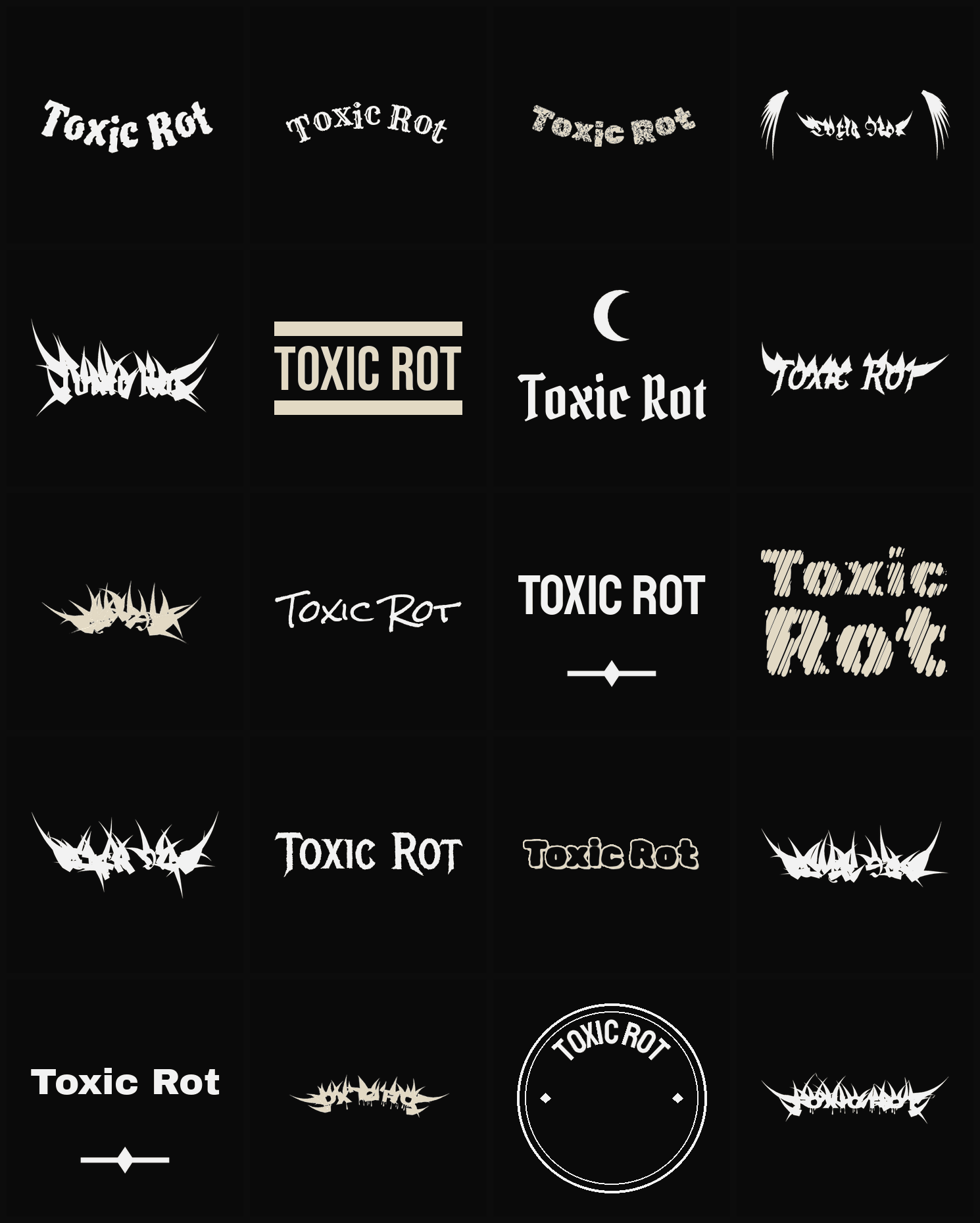 Twenty Toxic Rot band logo ideas — different faces, treatments and spike settings