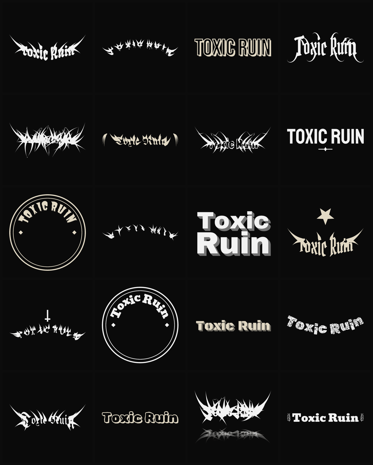 Twenty Toxic Ruin band logo ideas — different faces, treatments and spike settings