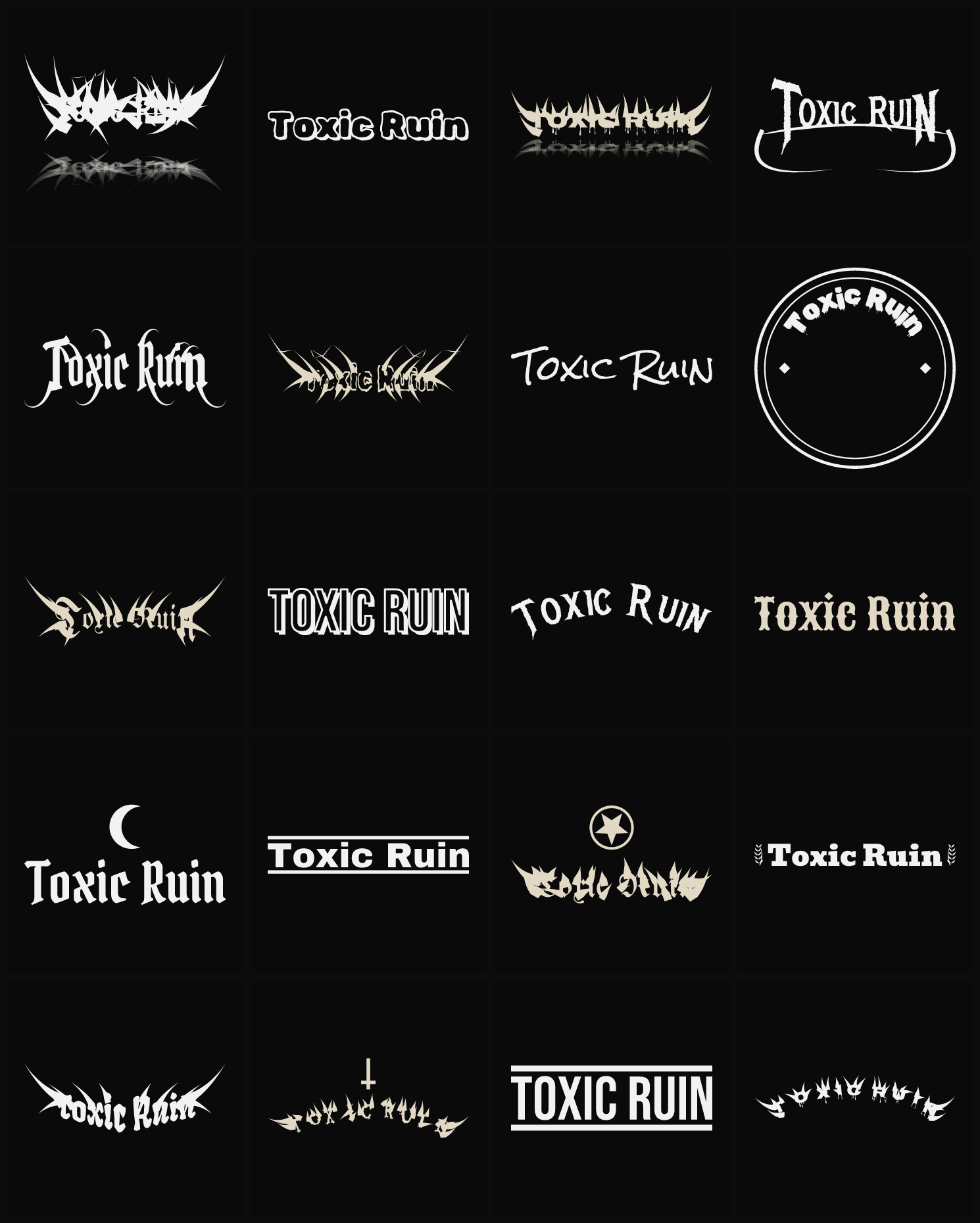 Twenty Toxic Ruin band logo ideas — different faces, treatments and spike settings
