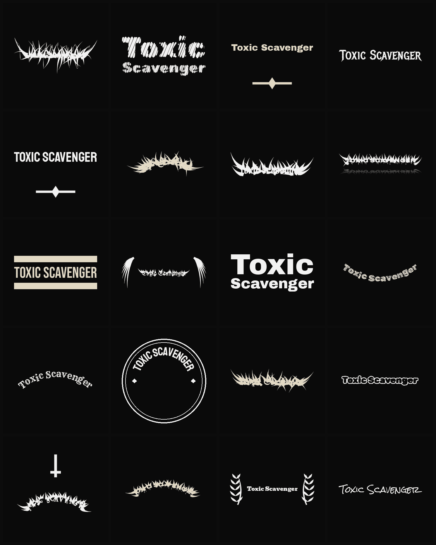 Twenty Toxic Scavenger band logo ideas — different faces, treatments and spike settings
