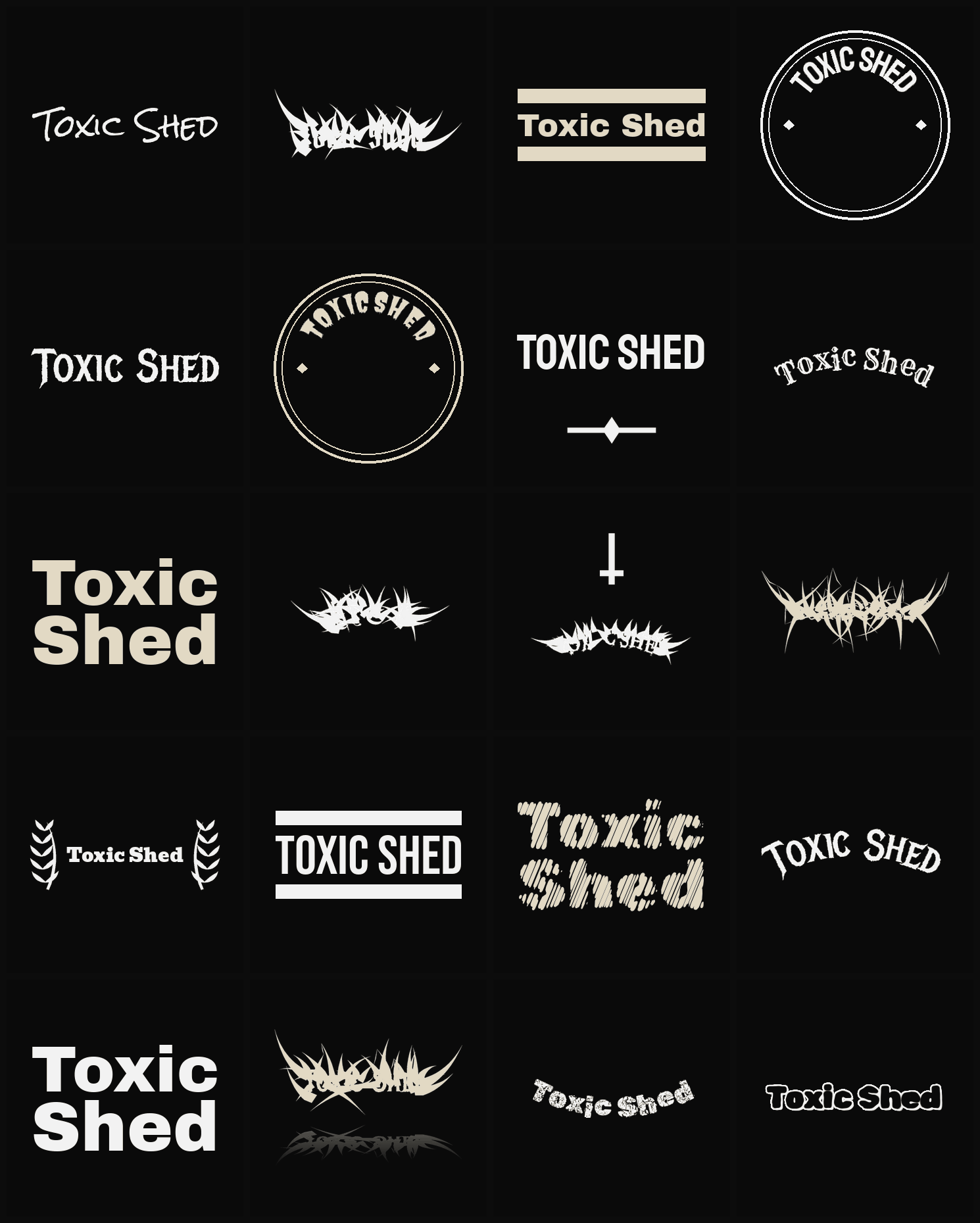 Twenty Toxic Shed band logo ideas — different faces, treatments and spike settings