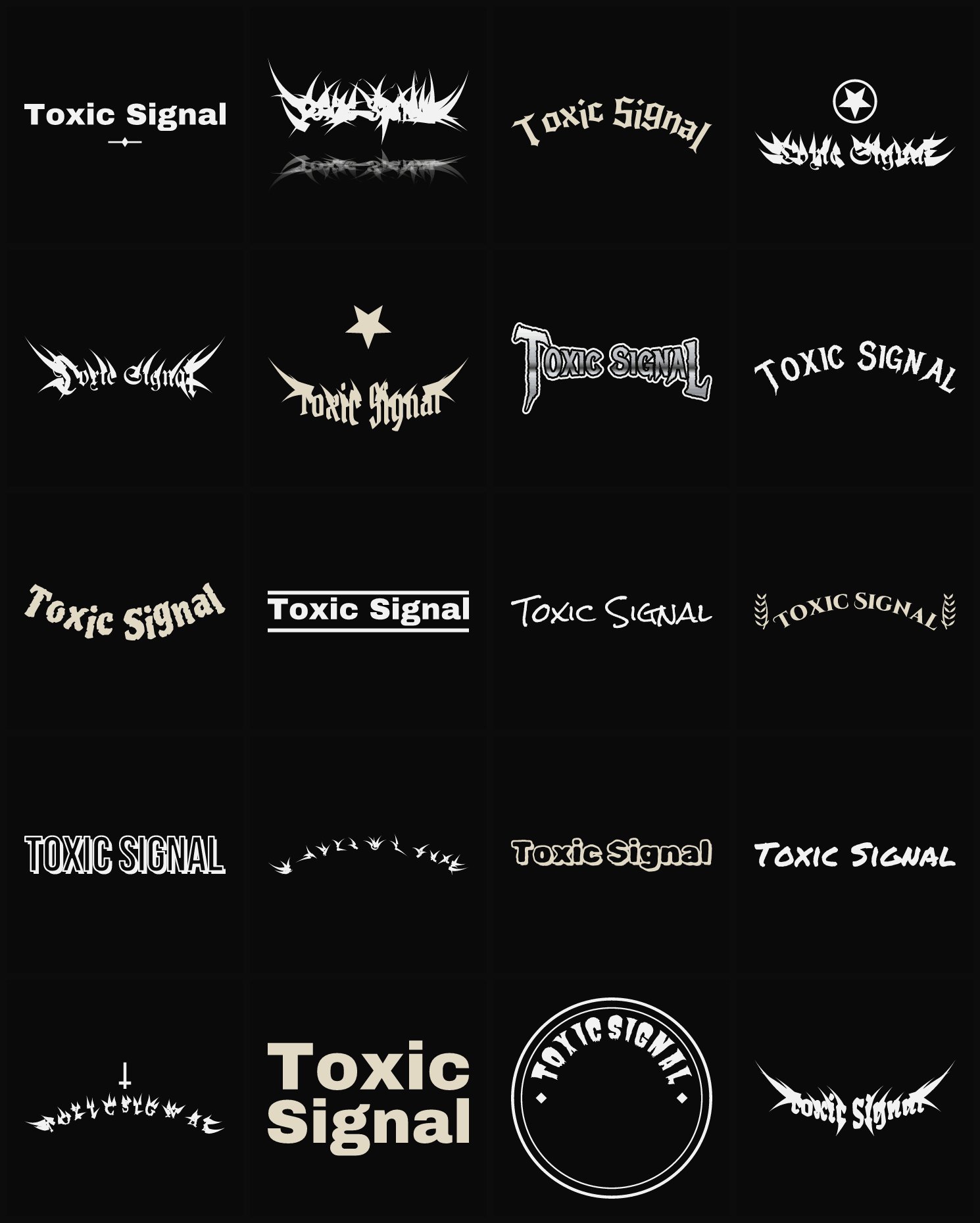 Twenty Toxic Signal band logo ideas — different faces, treatments and spike settings