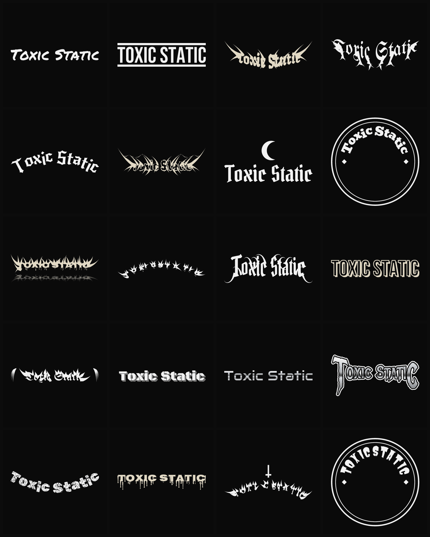 Twenty Toxic Static band logo ideas — different faces, treatments and spike settings