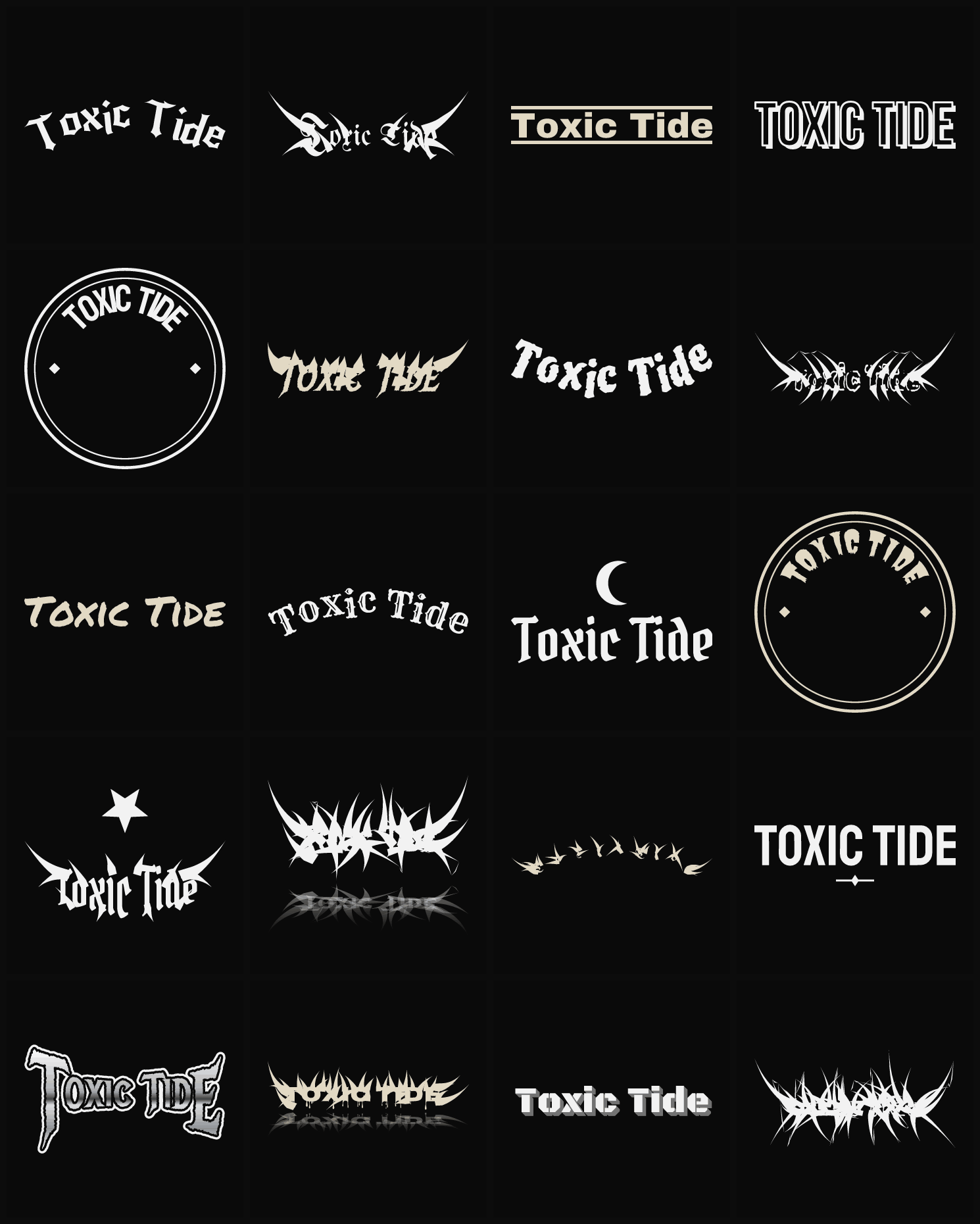 Twenty Toxic Tide band logo ideas — different faces, treatments and spike settings
