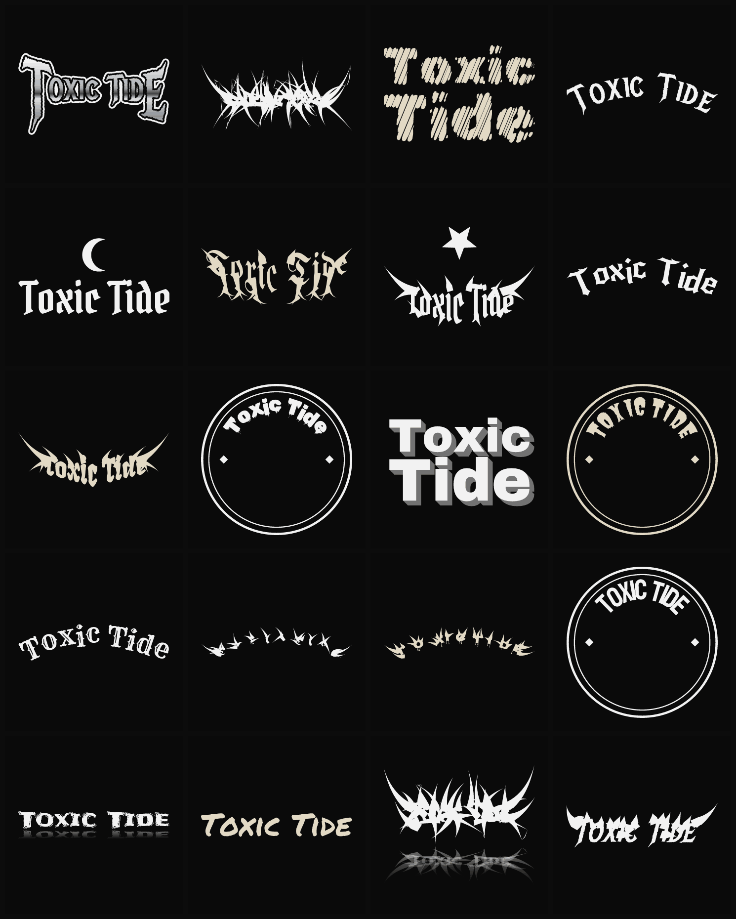 Twenty Toxic Tide band logo ideas — different faces, treatments and spike settings