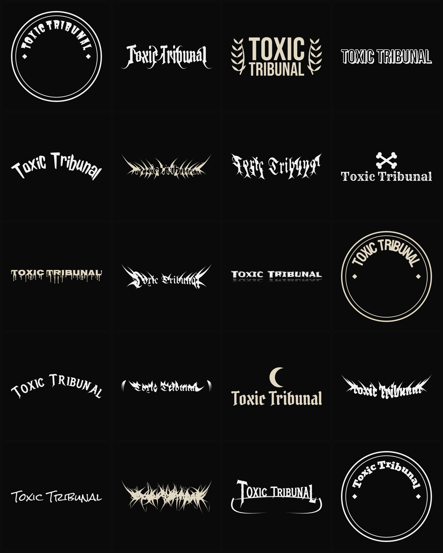 Twenty Toxic Tribunal band logo ideas — different faces, treatments and spike settings
